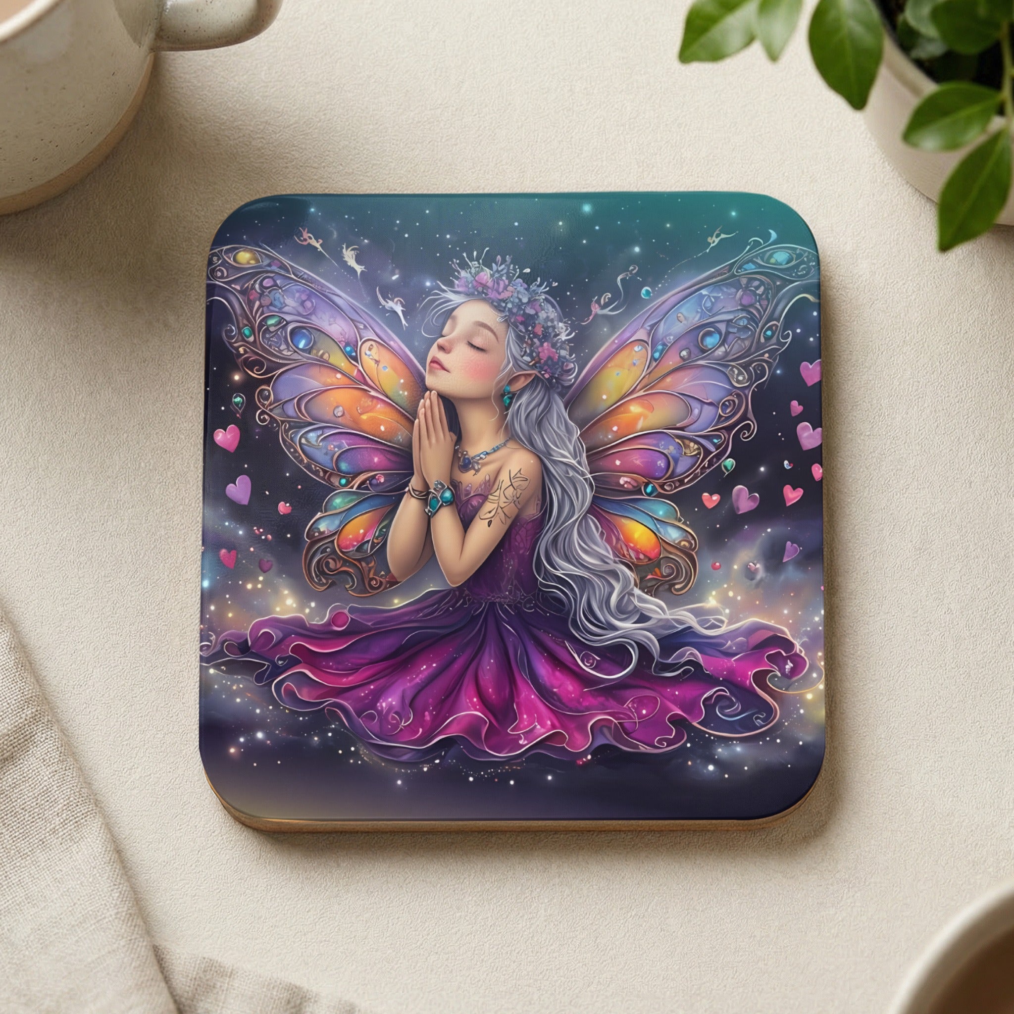 Fairy with ornate wings and floral crown, praying amidst hearts and stars.