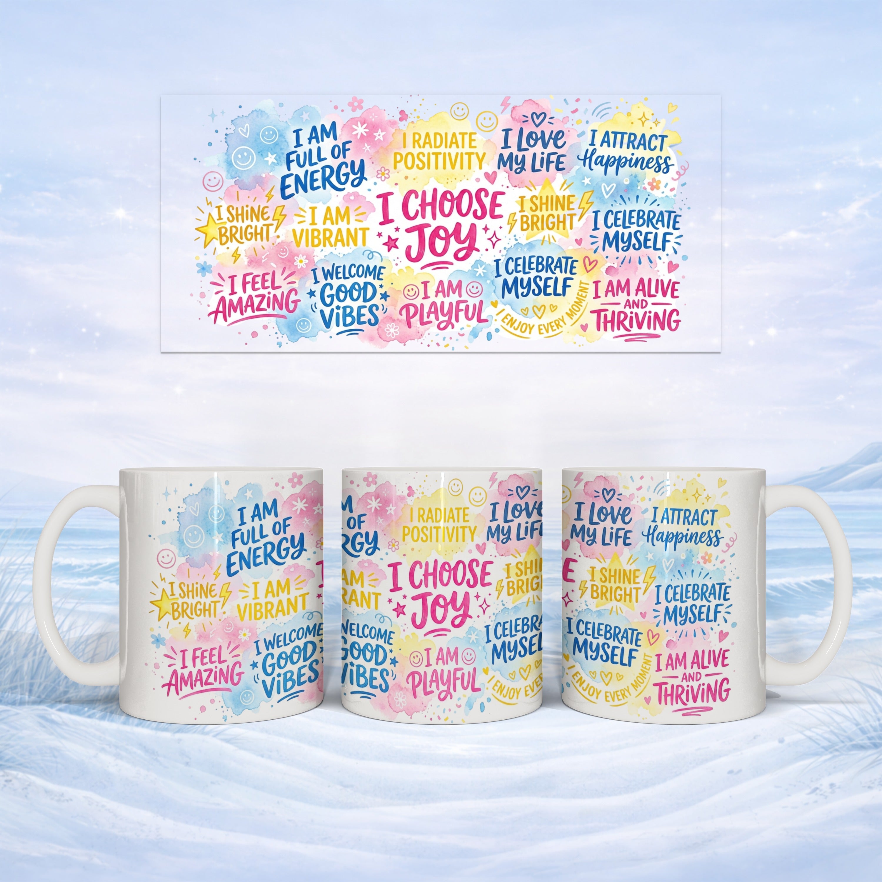 Mugs with positive affirmations including "I Shine Bright" and "I Choose Joy".