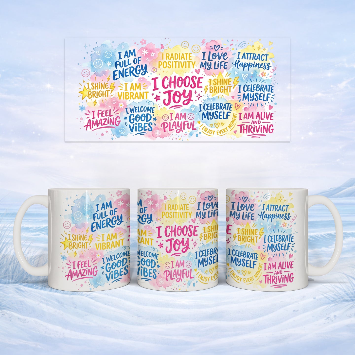 Mugs with positive affirmations including "I Shine Bright" and "I Choose Joy".