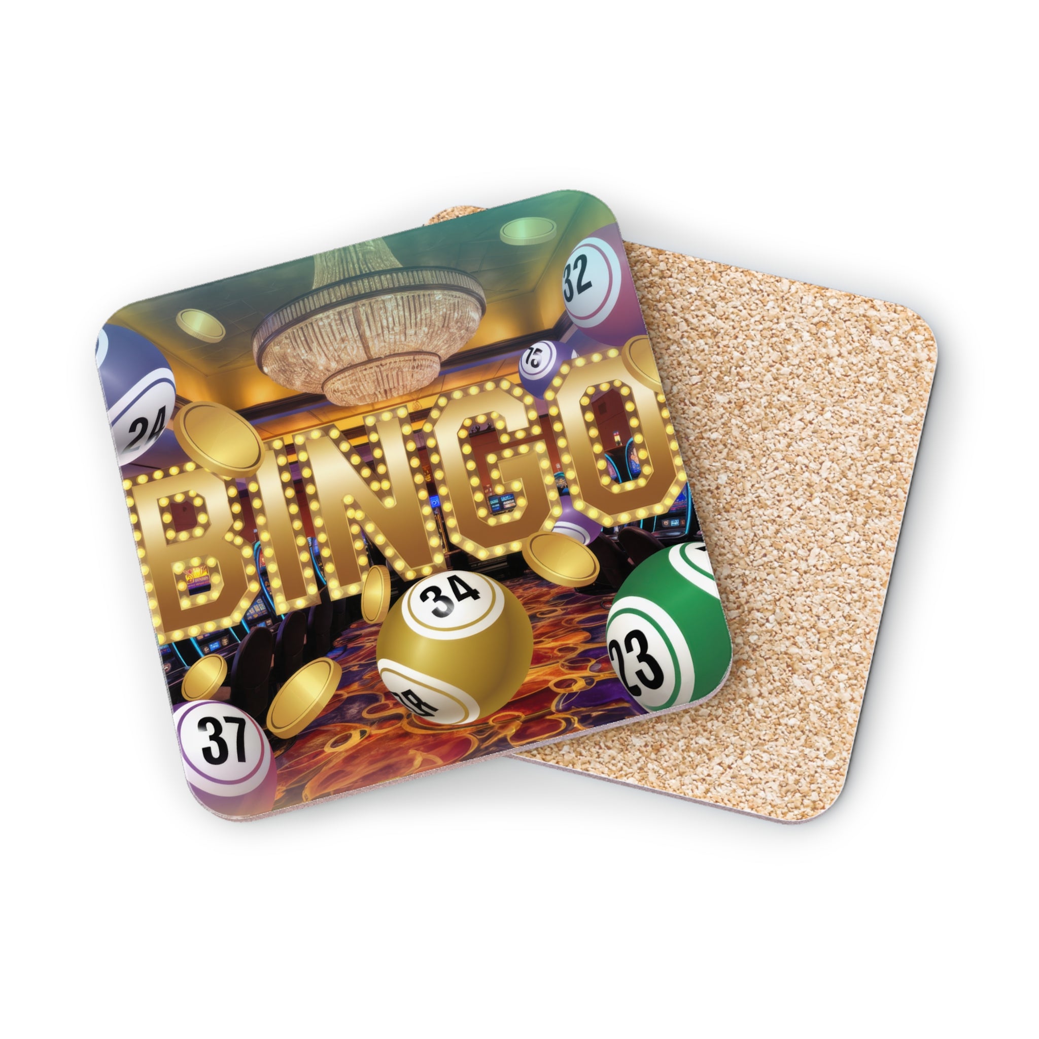 Bingo balls and title on casino-themed coasters.
