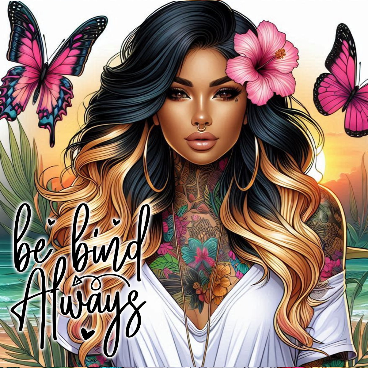 Tattooed woman with pink butterflies and "be kind always" text.