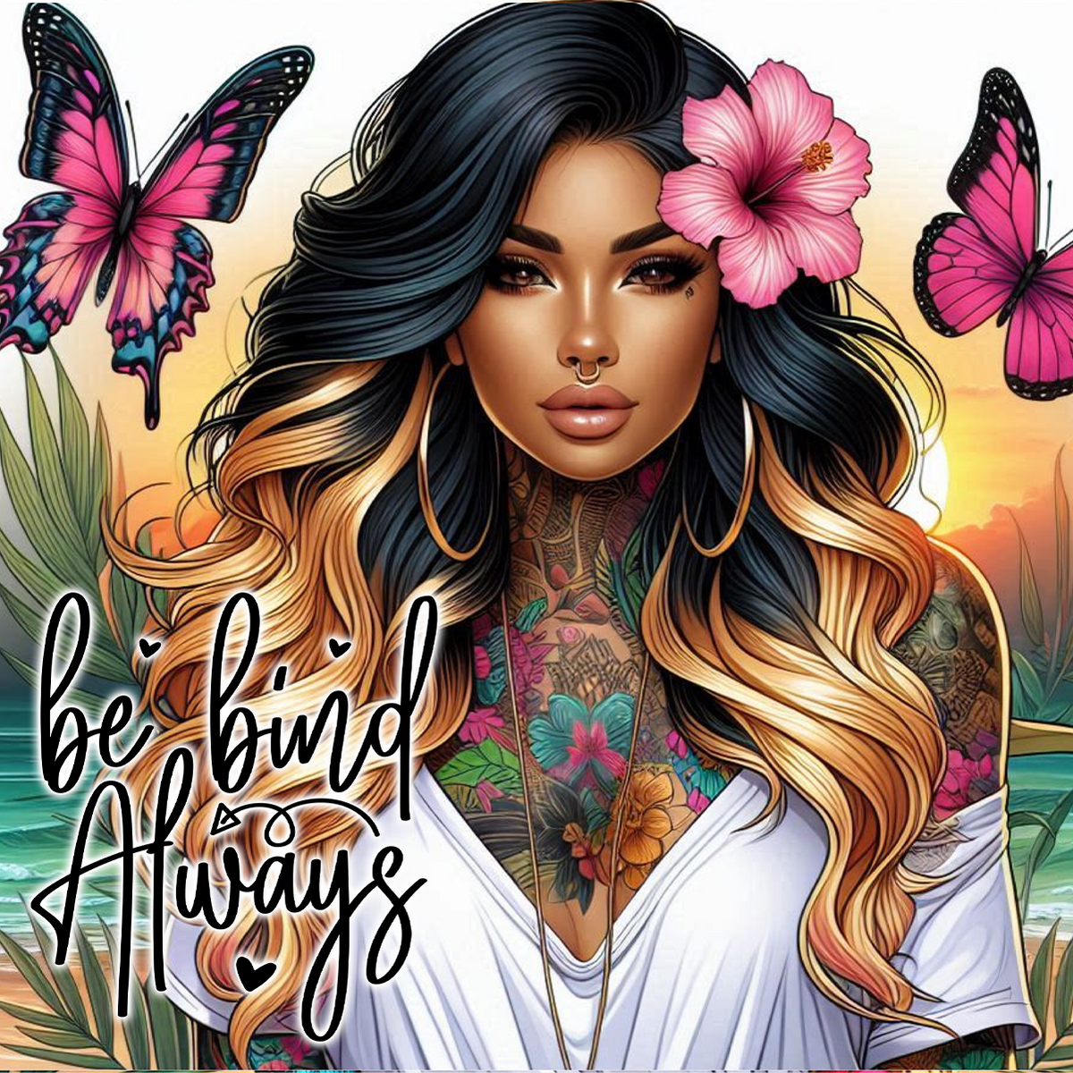 Tattooed woman with pink butterflies and "be kind always" text.
