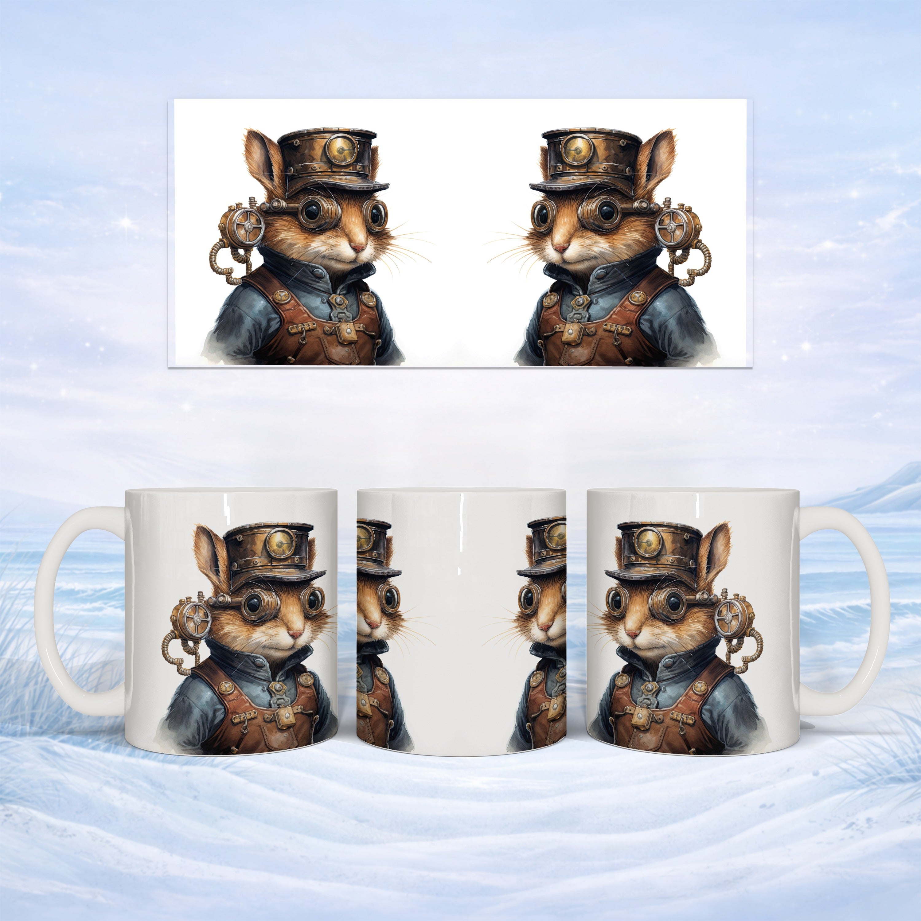 Steampunk rabbit character in goggles and aviator hat on a mug.