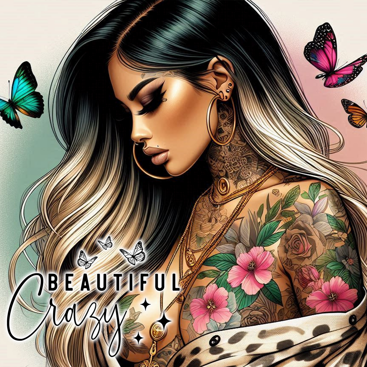 Woman with tattoos and butterflies, leopard print collar, pink flowers.