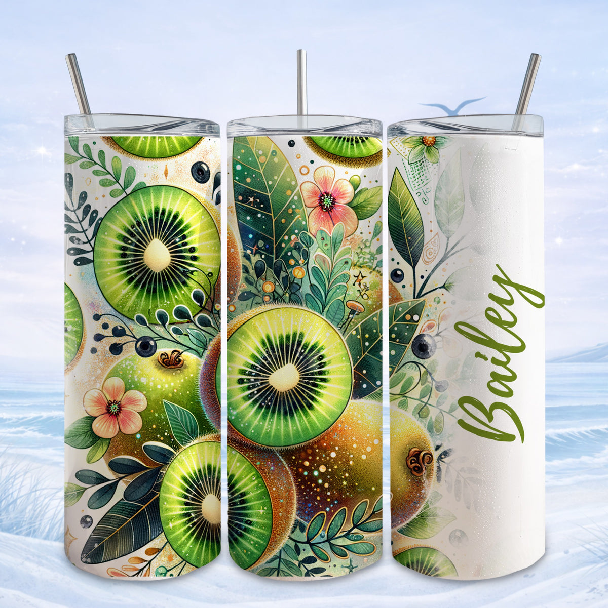 Three tumblers with kiwi fruit and floral designs, one personalized with "Bailey".
