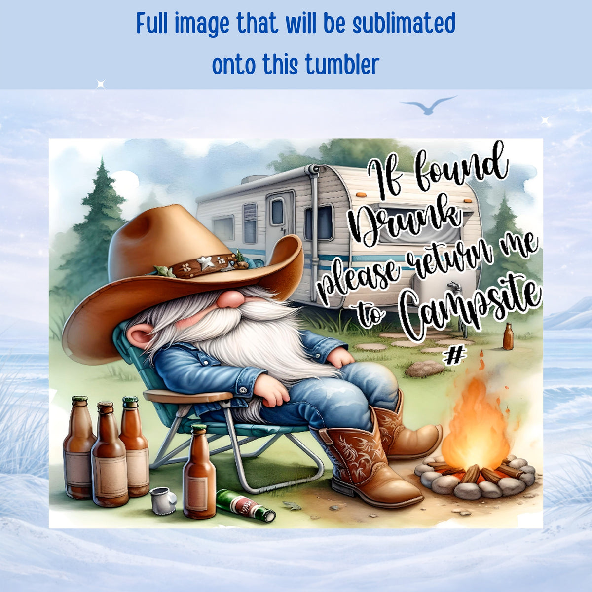 Drunk gnome in cowboy hat sits by campfire with beer bottles.