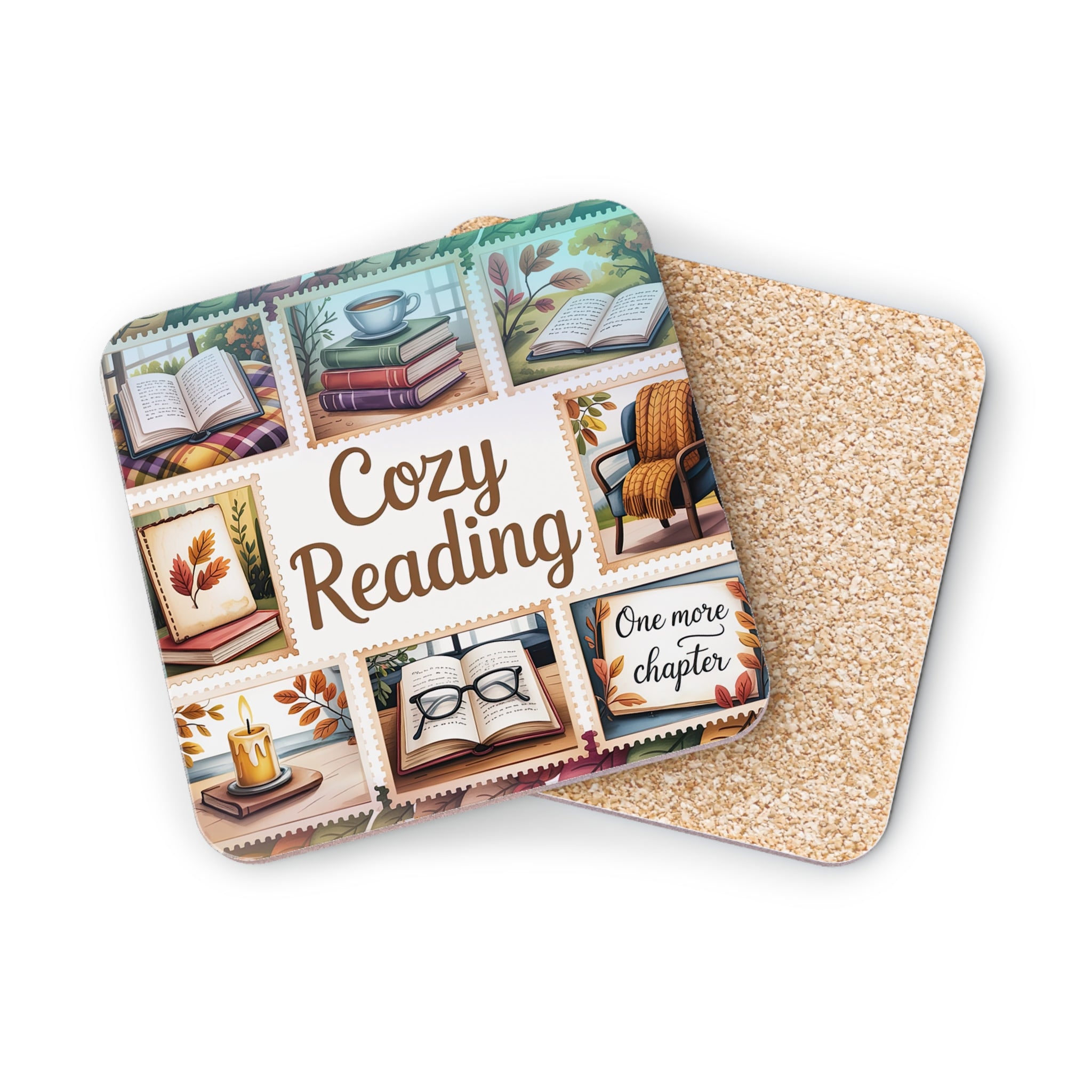 Cozy Reading coasters with stacked books, candle, and chair.