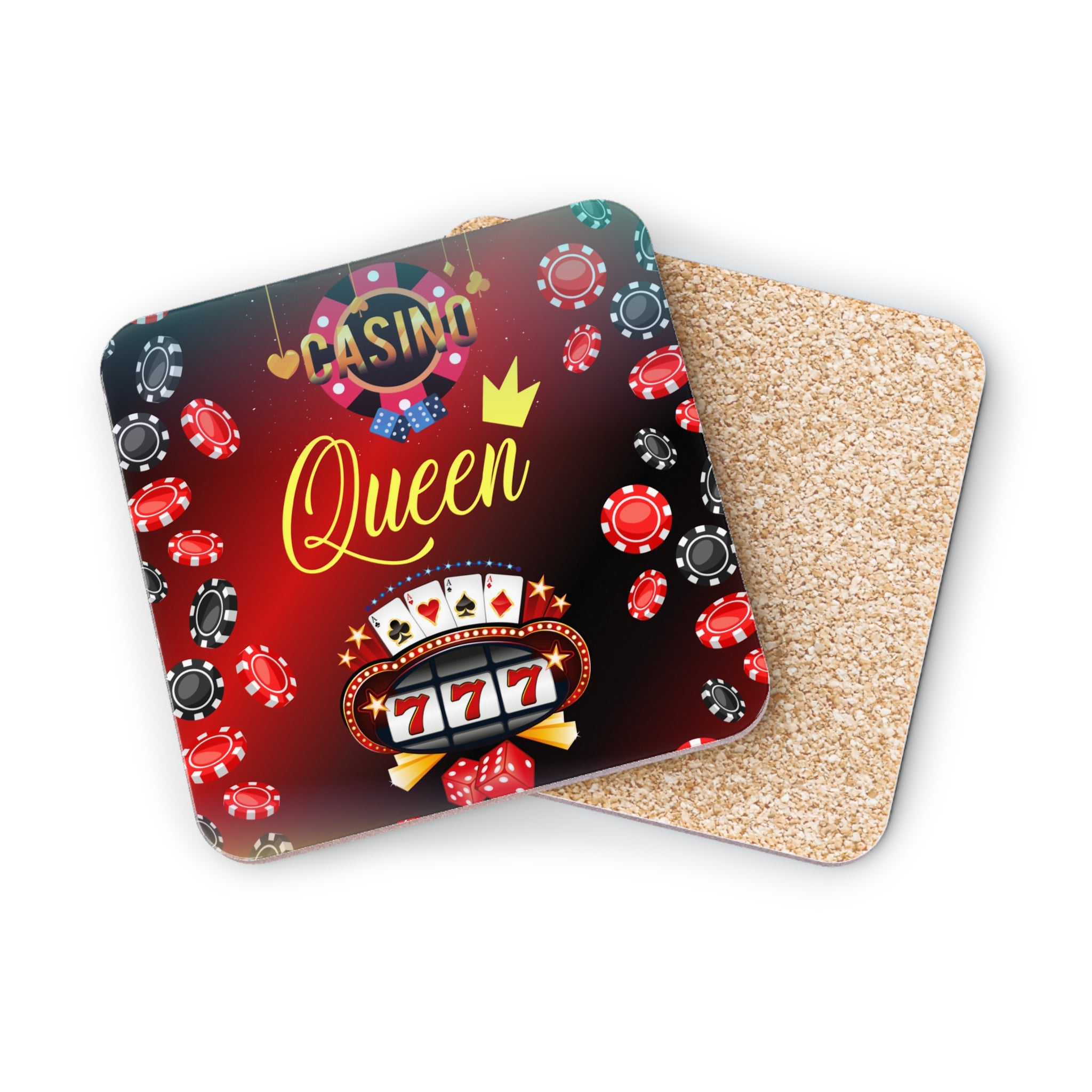 Casino Queen playing cards, dice, chips, and crown design on square coasters.