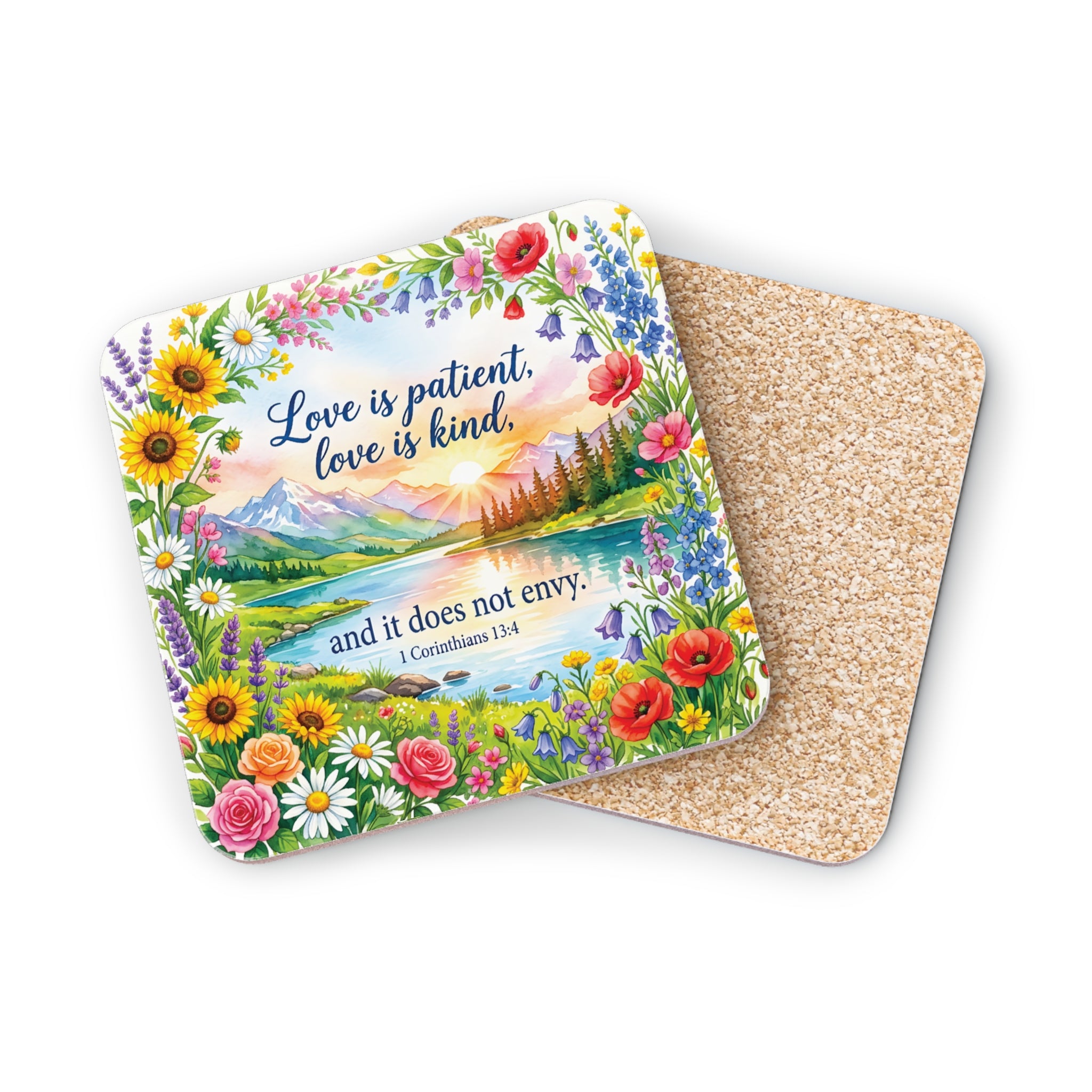 Square coaster with floral border, lake scene, and Bible verse "Love is patient, love is kind."