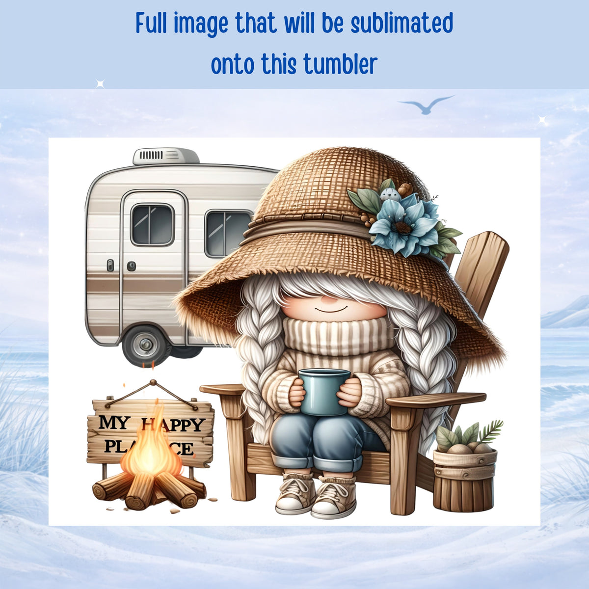 Gnome in straw hat sits in chair with campfire and RV in background.