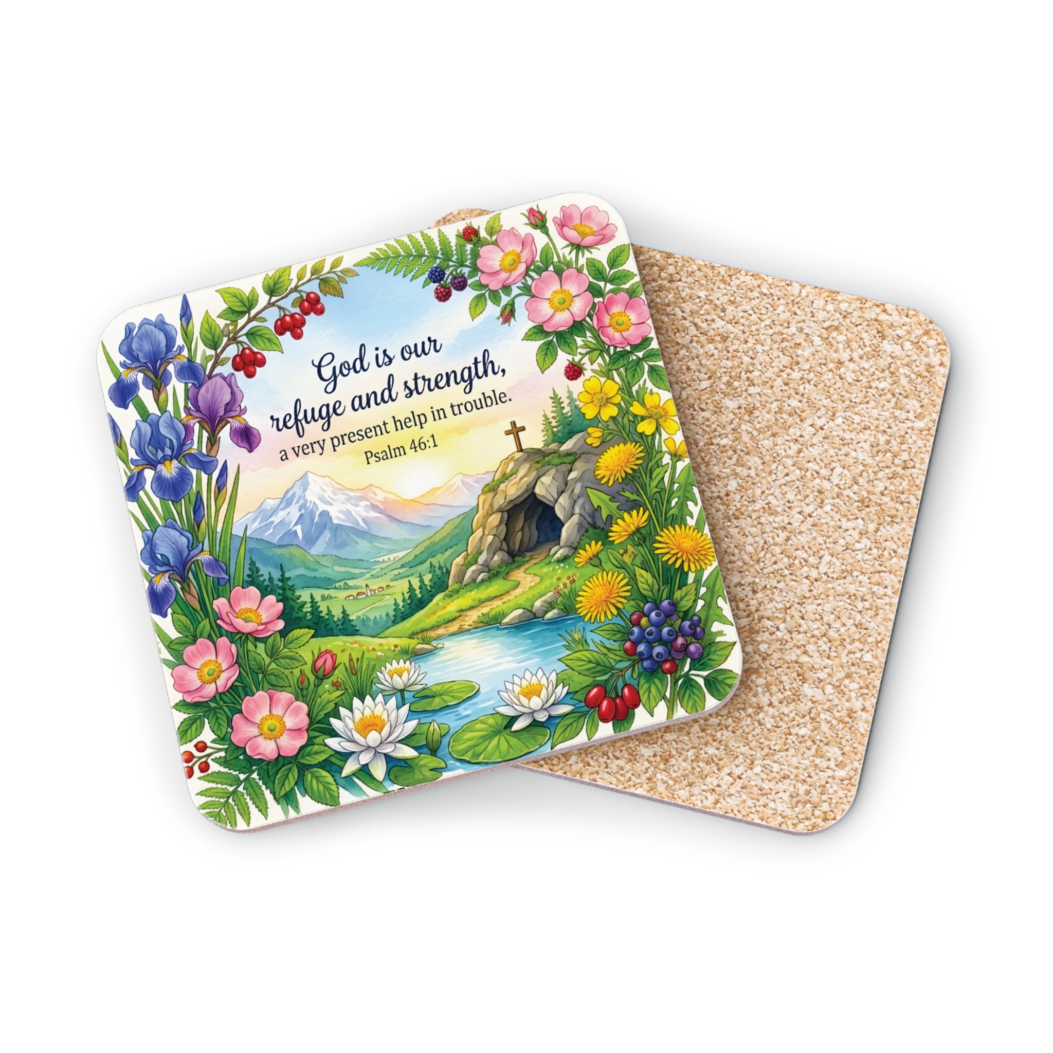 Coaster with colorful floral border and Bible verse "God is our refuge and strength."