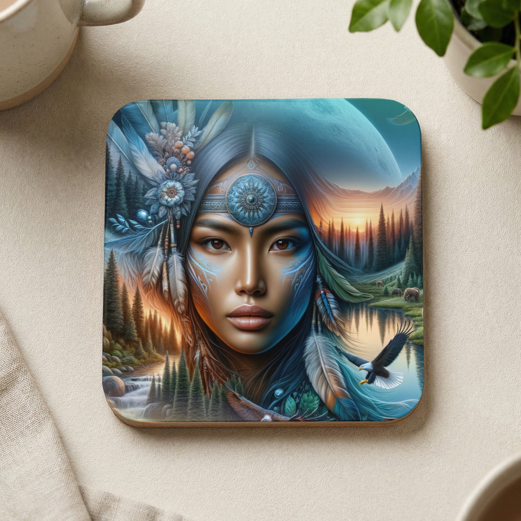 Native American woman with headdress and eagle, forest landscape with moon.