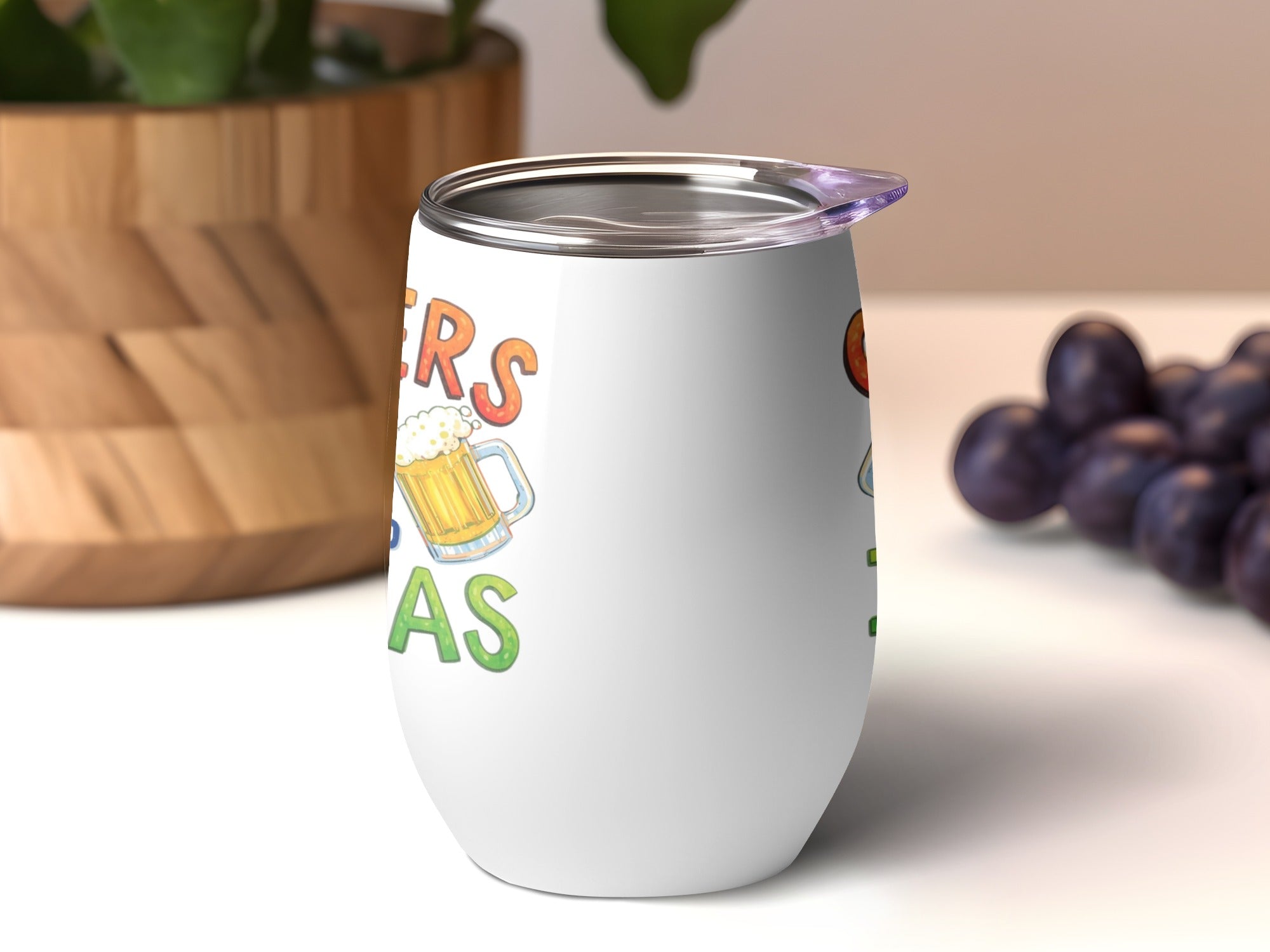 White insulated tumbler with "Cheers" and beer graphics.
