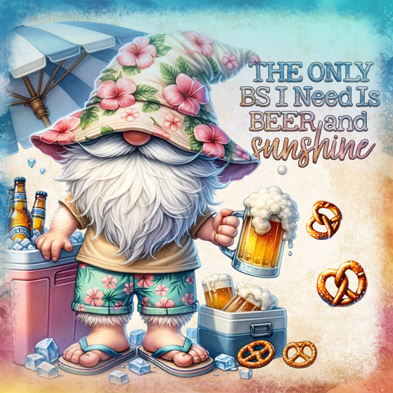 Gnome in Hawaiian shirt and hat holding beer, cooler, pretzels, and umbrella.