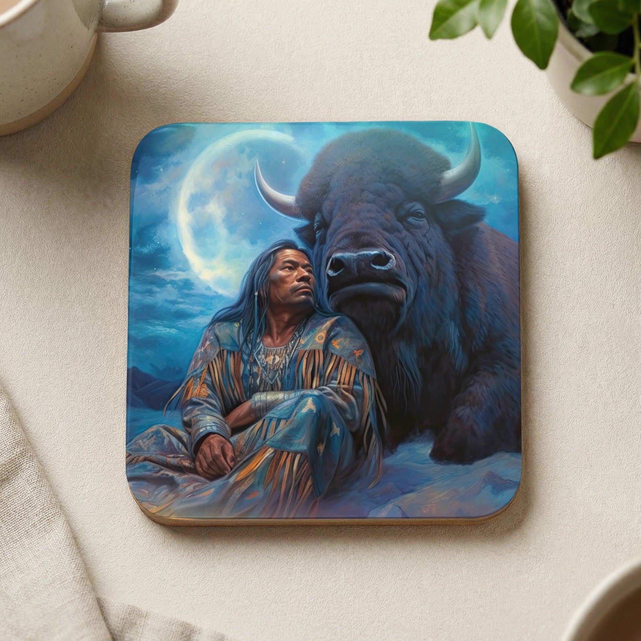 Native American man in traditional attire sits with a bison under a full moon.