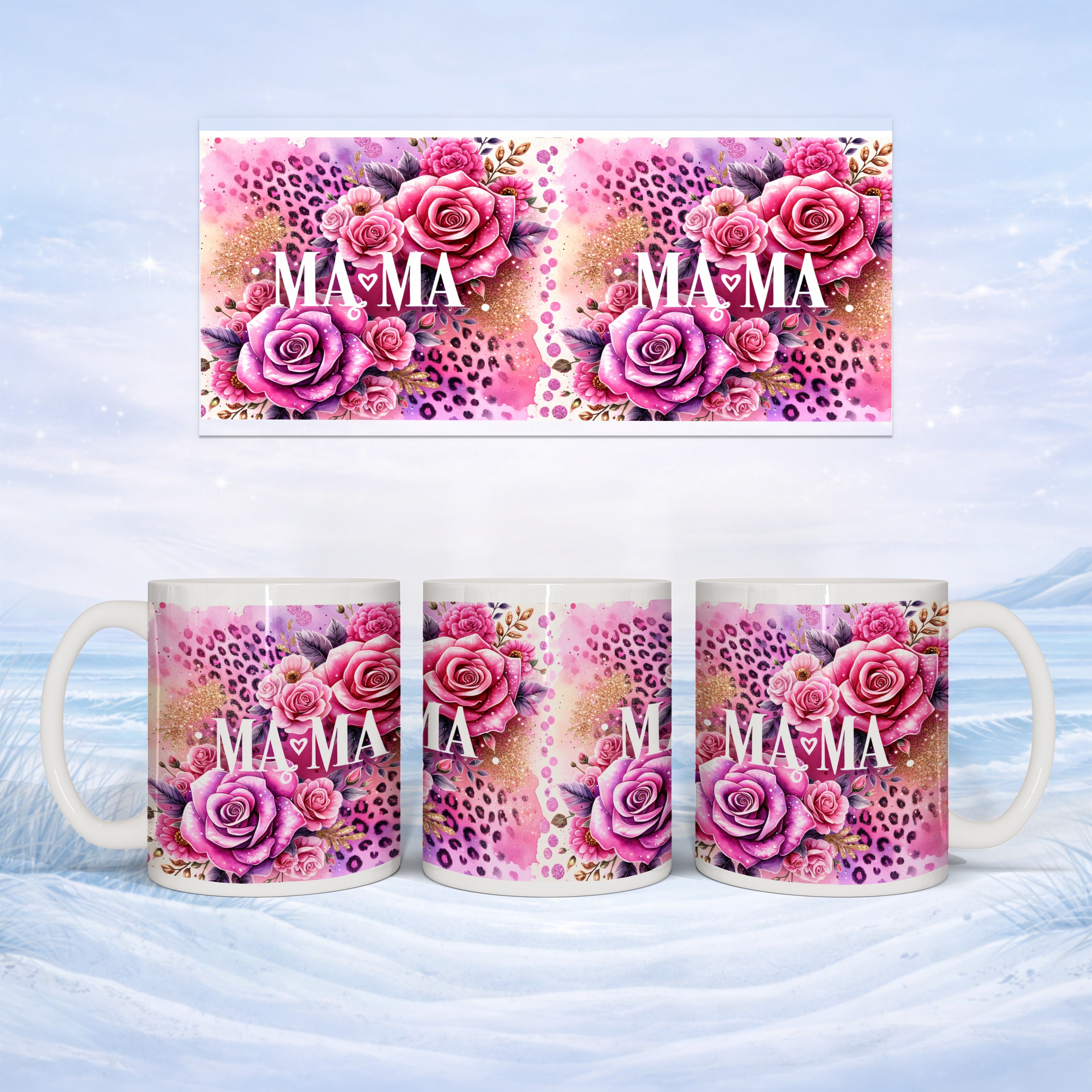 Floral and leopard print mug design featuring the word "MAMA".