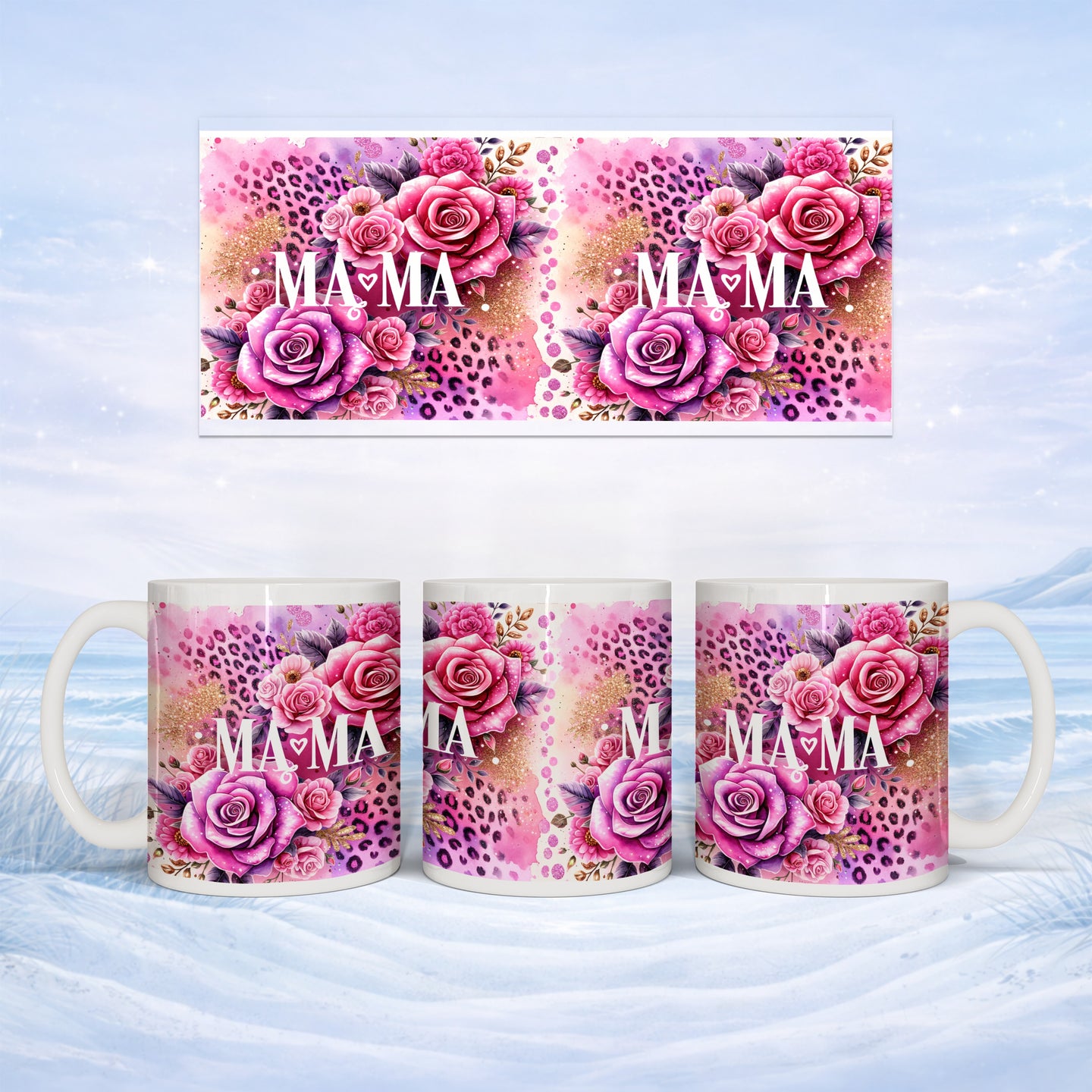 Floral and leopard print mug design featuring the word "MAMA".
