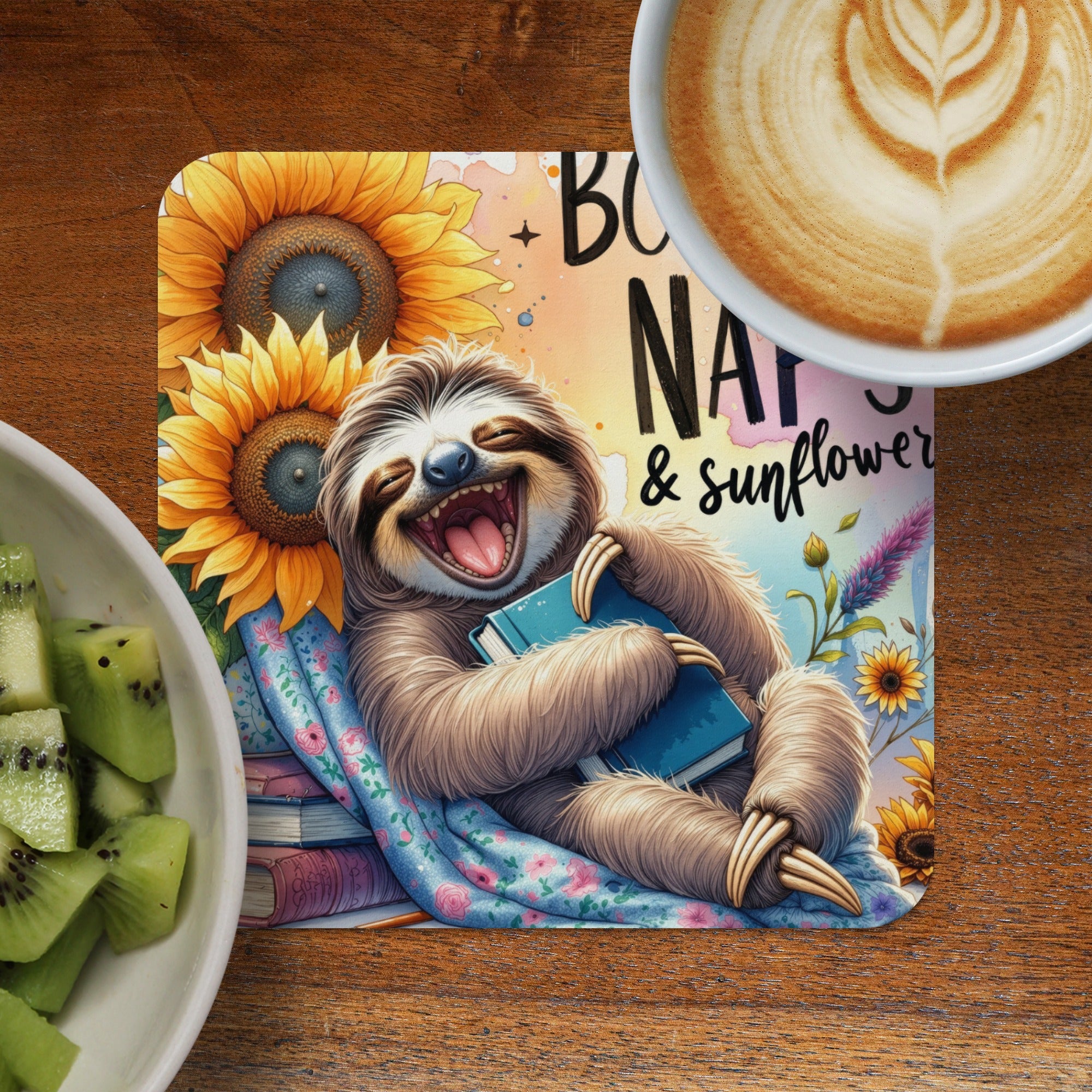Sloth hugging a book with sunflowers and text "Boo Na Na & Sunflower".