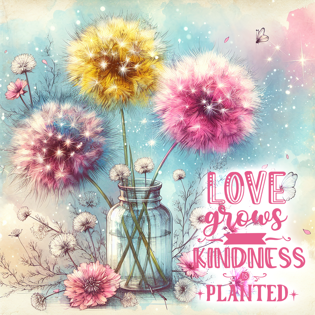 Three fluffy dandelions in a glass vase with "LOVE GROWS KINDNESS PLANTED" text.