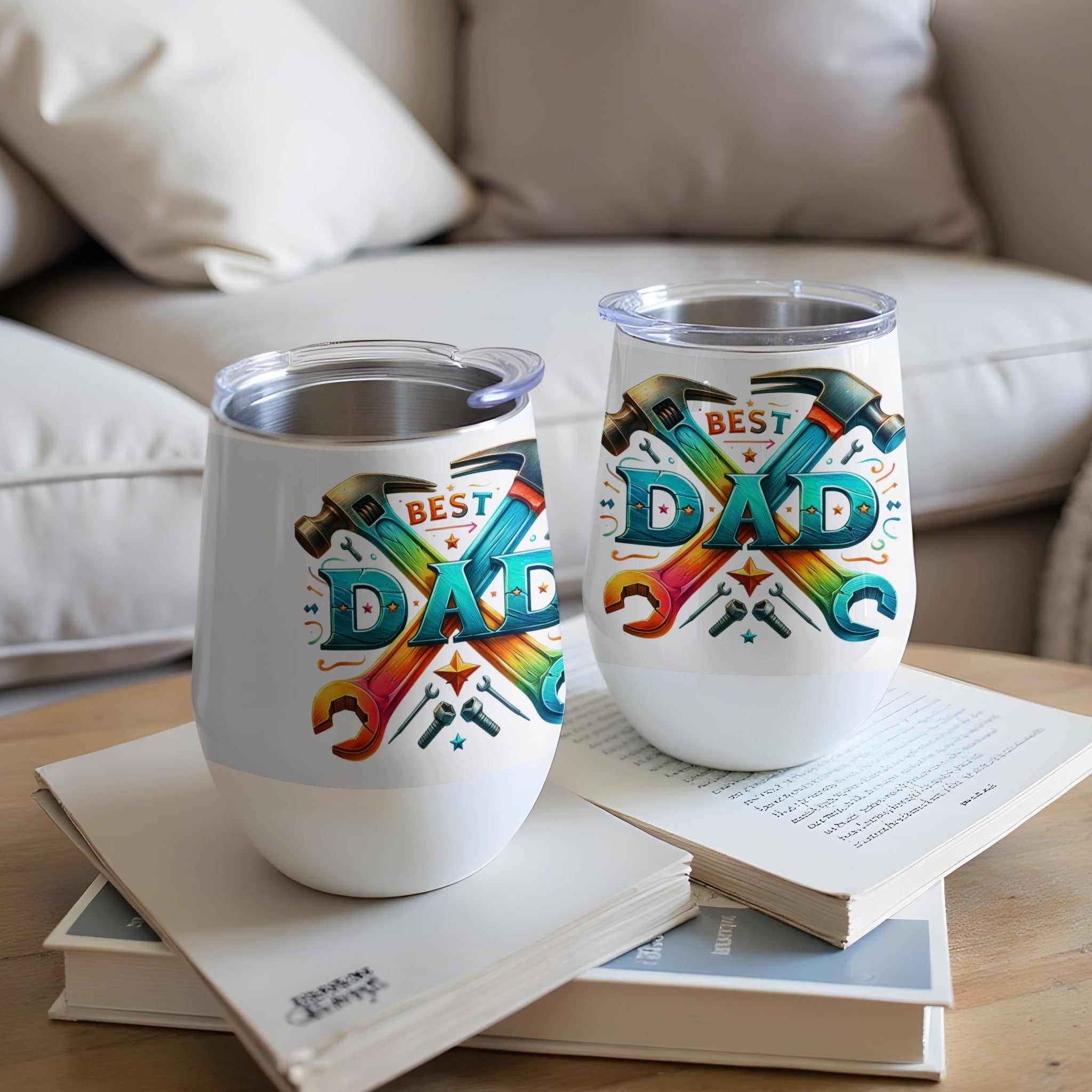 Two tumblers with "BEST DAD" text design, featuring tools.