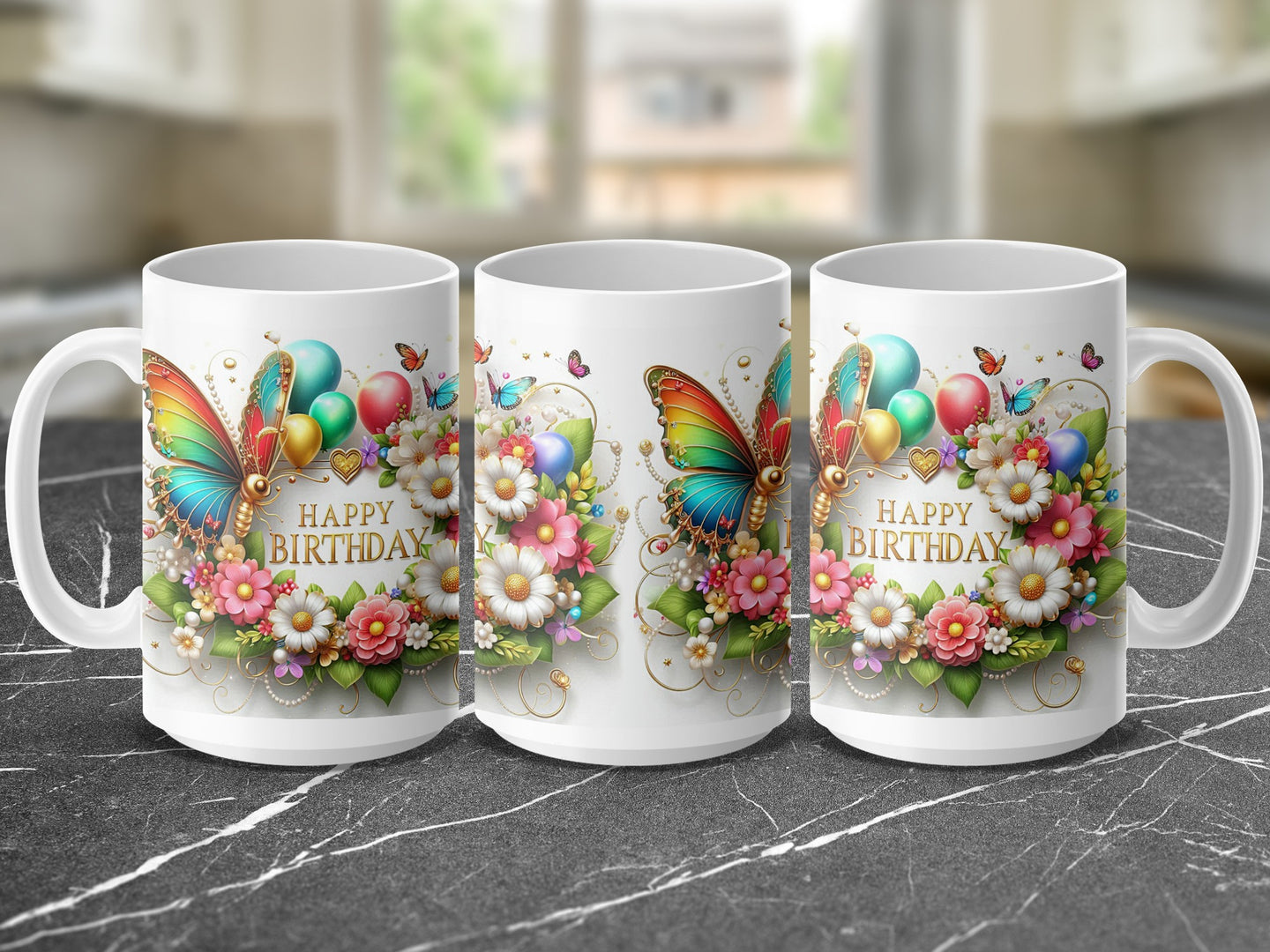 Three white mugs with "Happy Birthday" text, butterflies, flowers, and balloons.