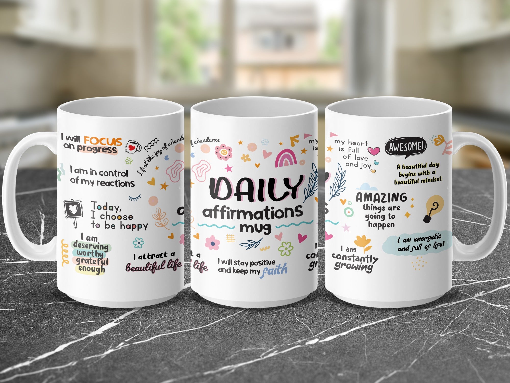 Three white mugs with "Daily Affirmations Mug" and motivational quotes.