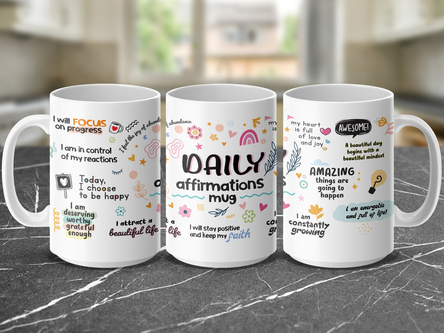 Three white mugs with "Daily Affirmations Mug" and motivational quotes.
