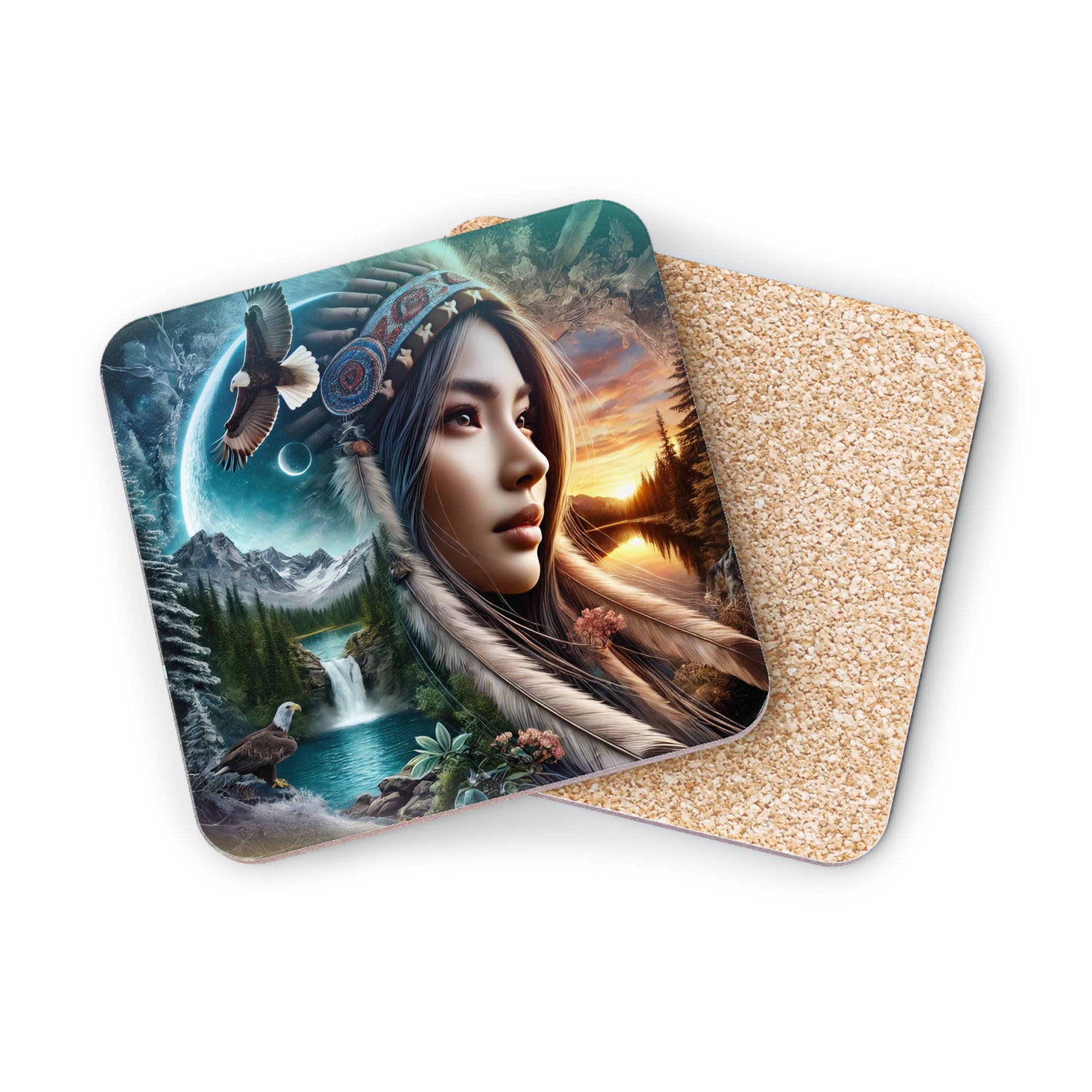 Native American woman with headdress and scenic landscape on a coaster.