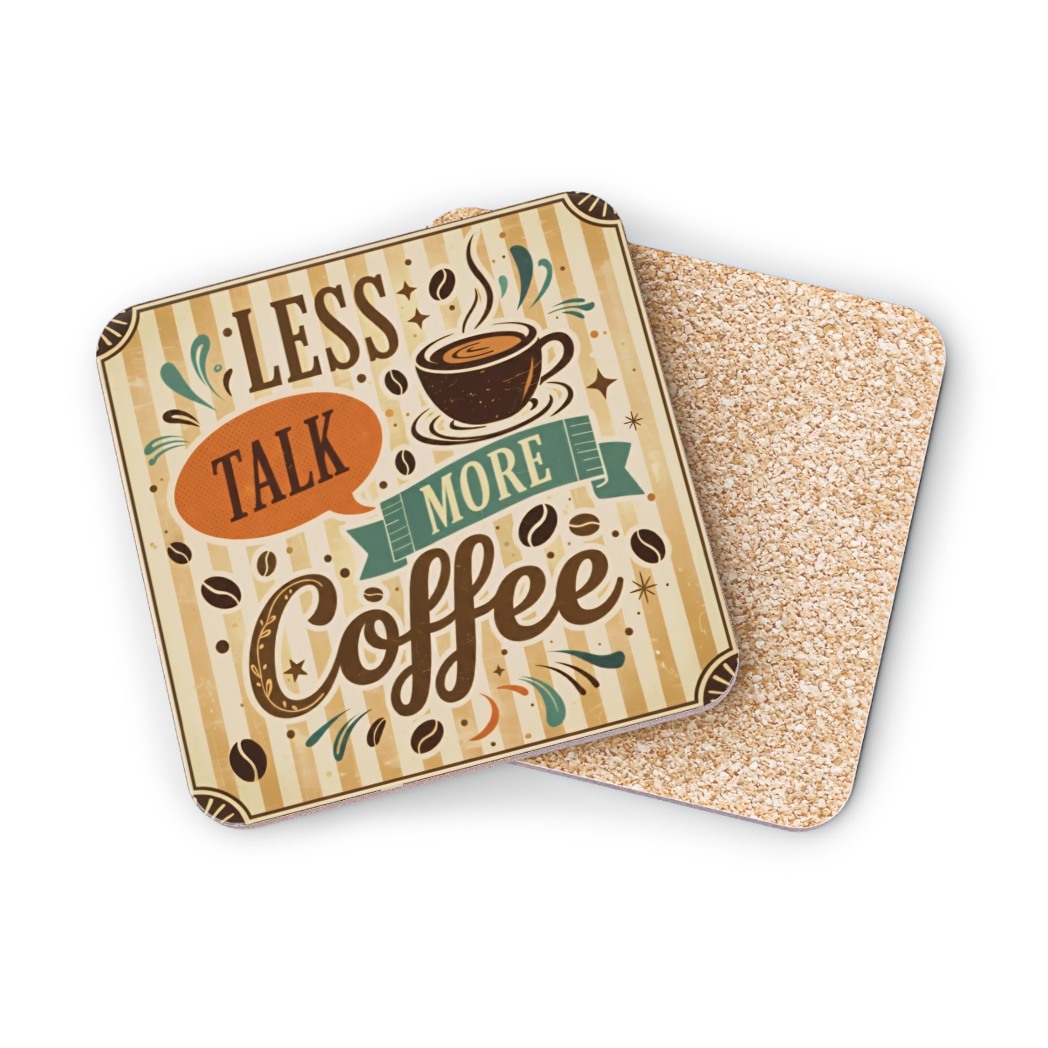 Two vintage coasters with "Less Talk More Coffee" design and coffee cup illustration.