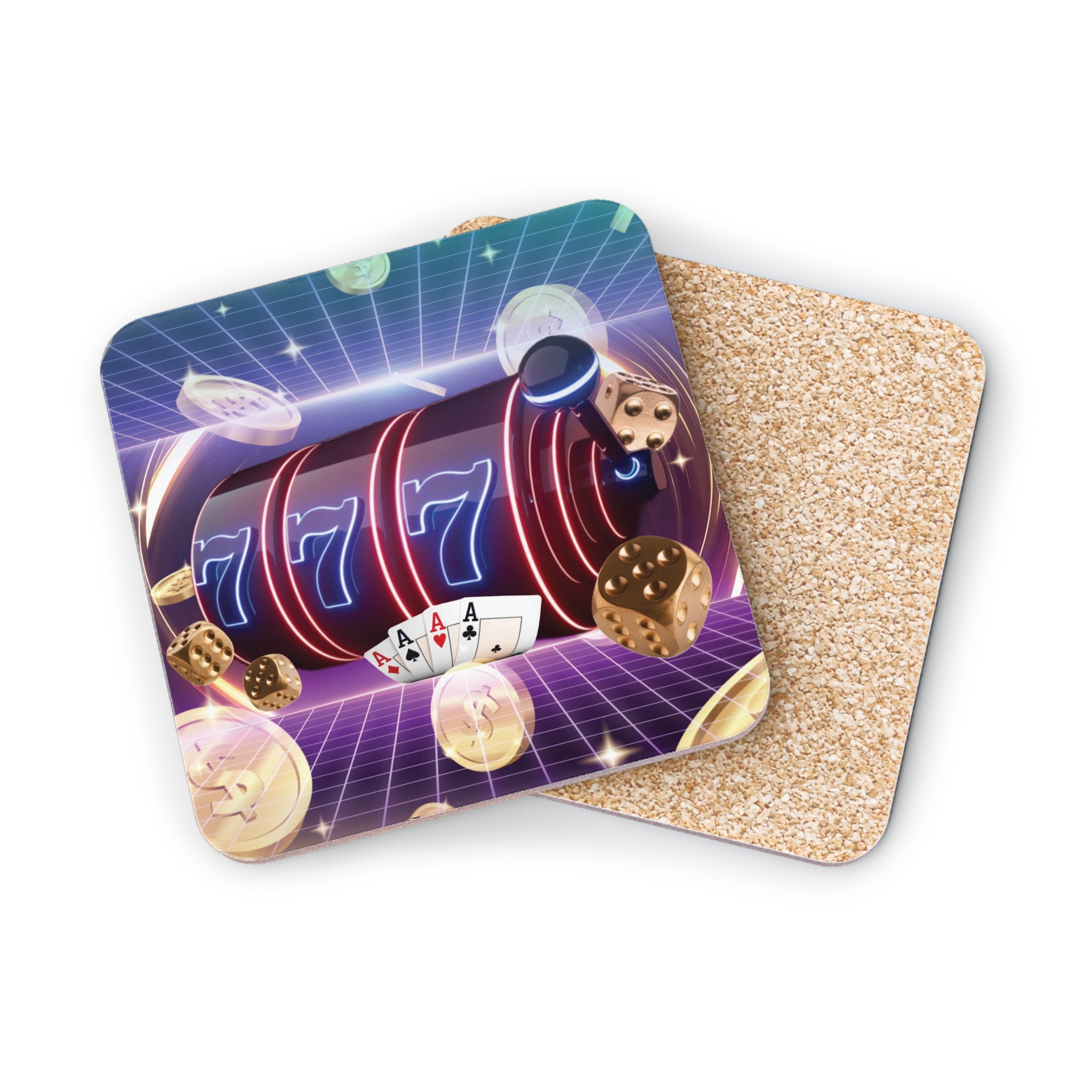 Slot machine reel with triple sevens and playing cards, dice, coins.