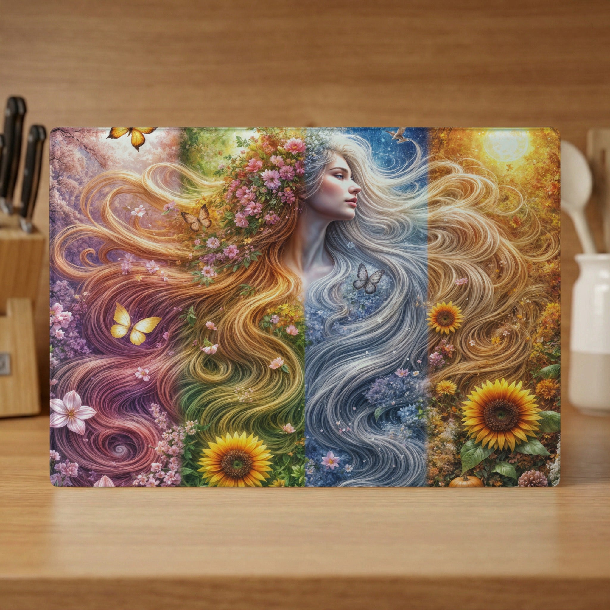 Woman with flowing, colorful hair adorned with flowers, butterflies, and sunlight.