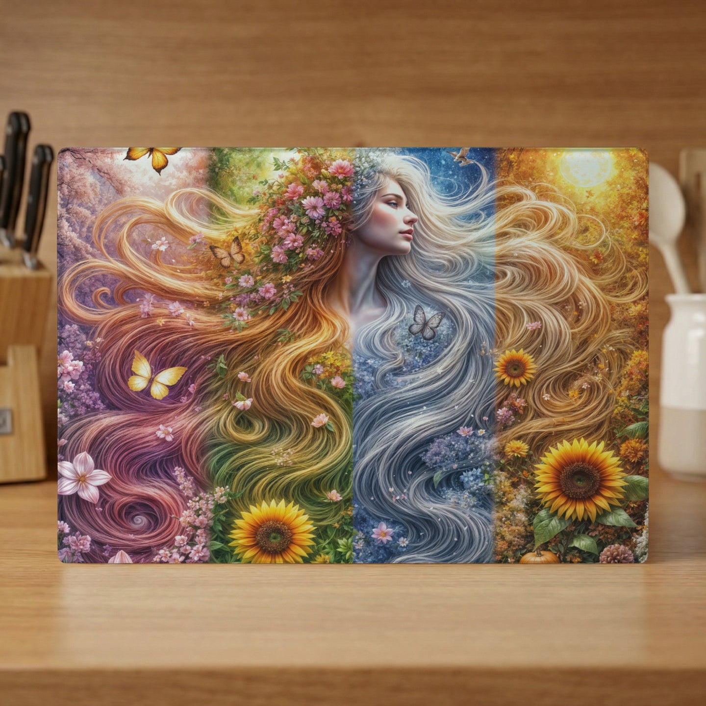 Woman with flowing, colorful hair adorned with flowers, butterflies, and sunlight.