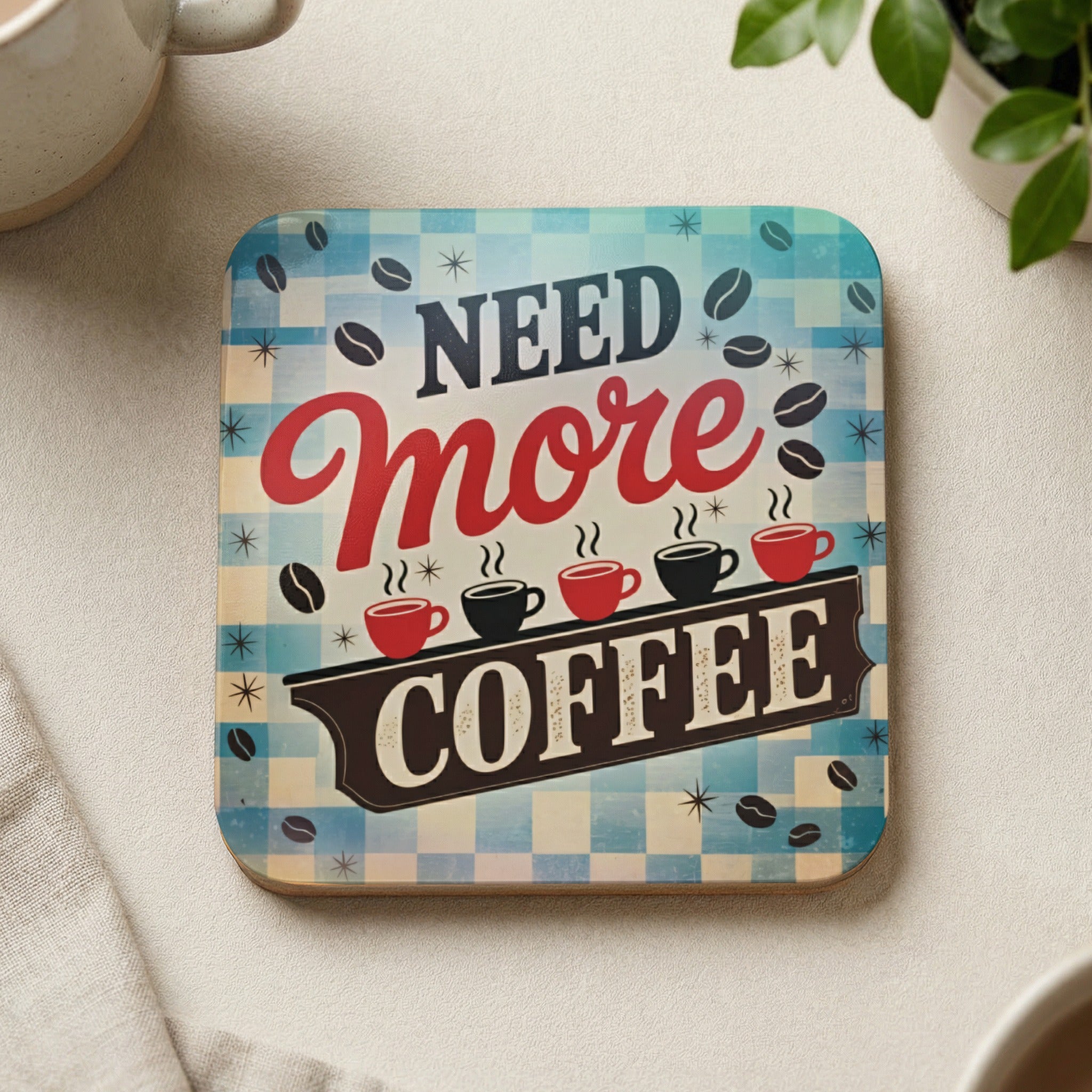 "Need More Coffee" graphic with coffee cups on a checkered background.