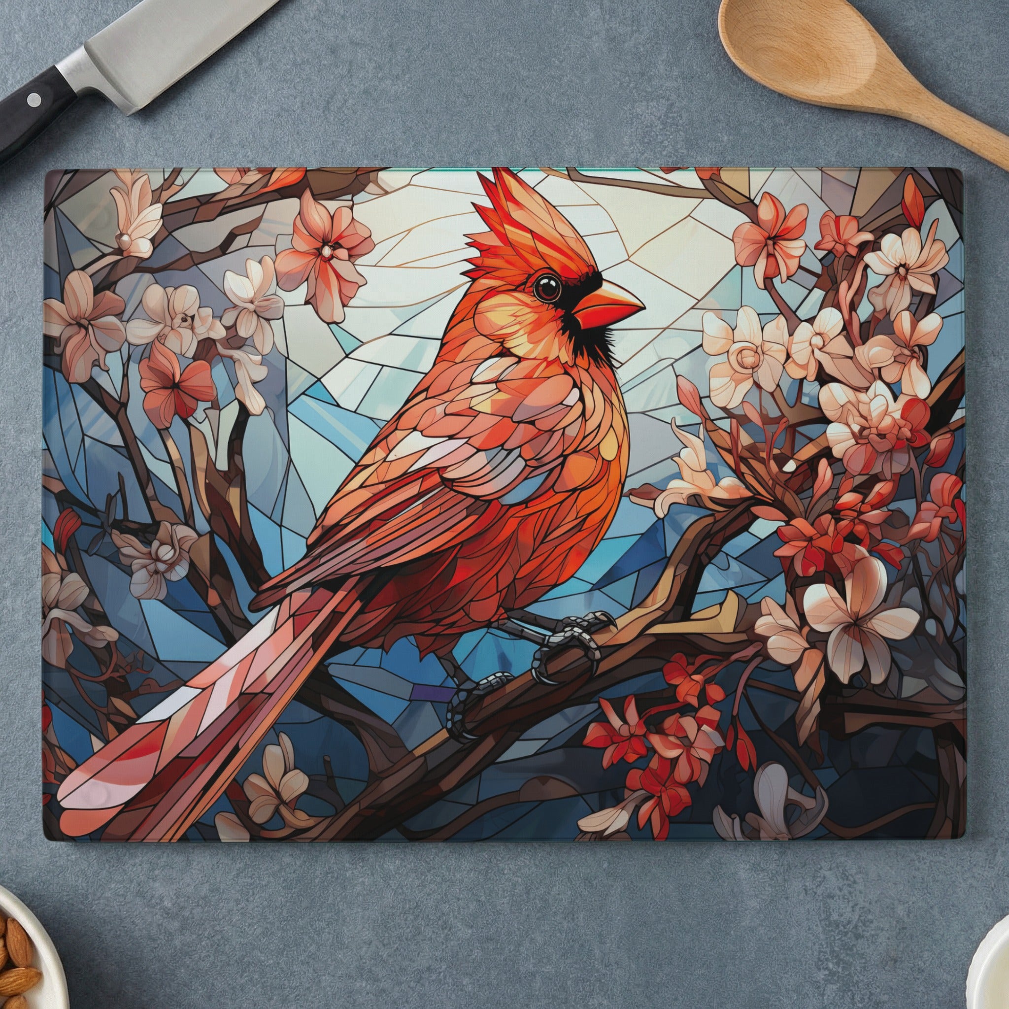 Cardinal perched on a branch with stained-glass inspired floral background.