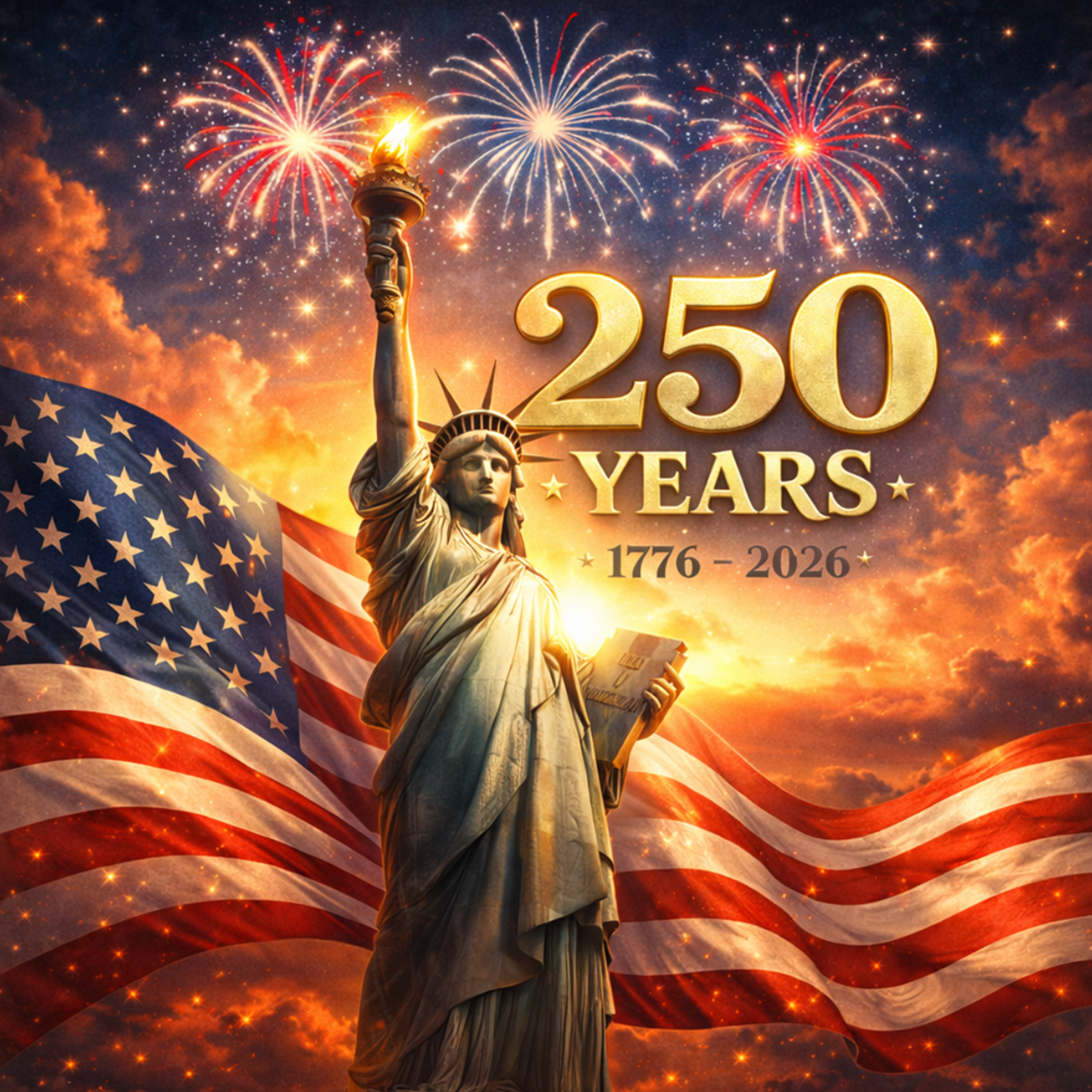 Statue of Liberty with American flag and fireworks, celebrating 250 years, 1776-2026.