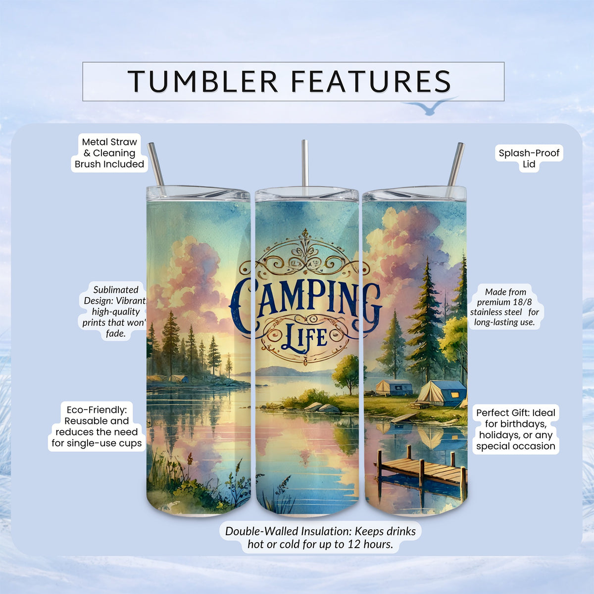 Tumbler with "Camping Life" design, lake, trees, and tents, featuring features list.