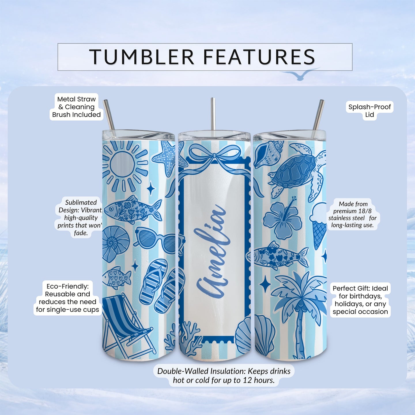 Tumbler with "Amelia" on it, featuring beach and ocean themed illustrations.