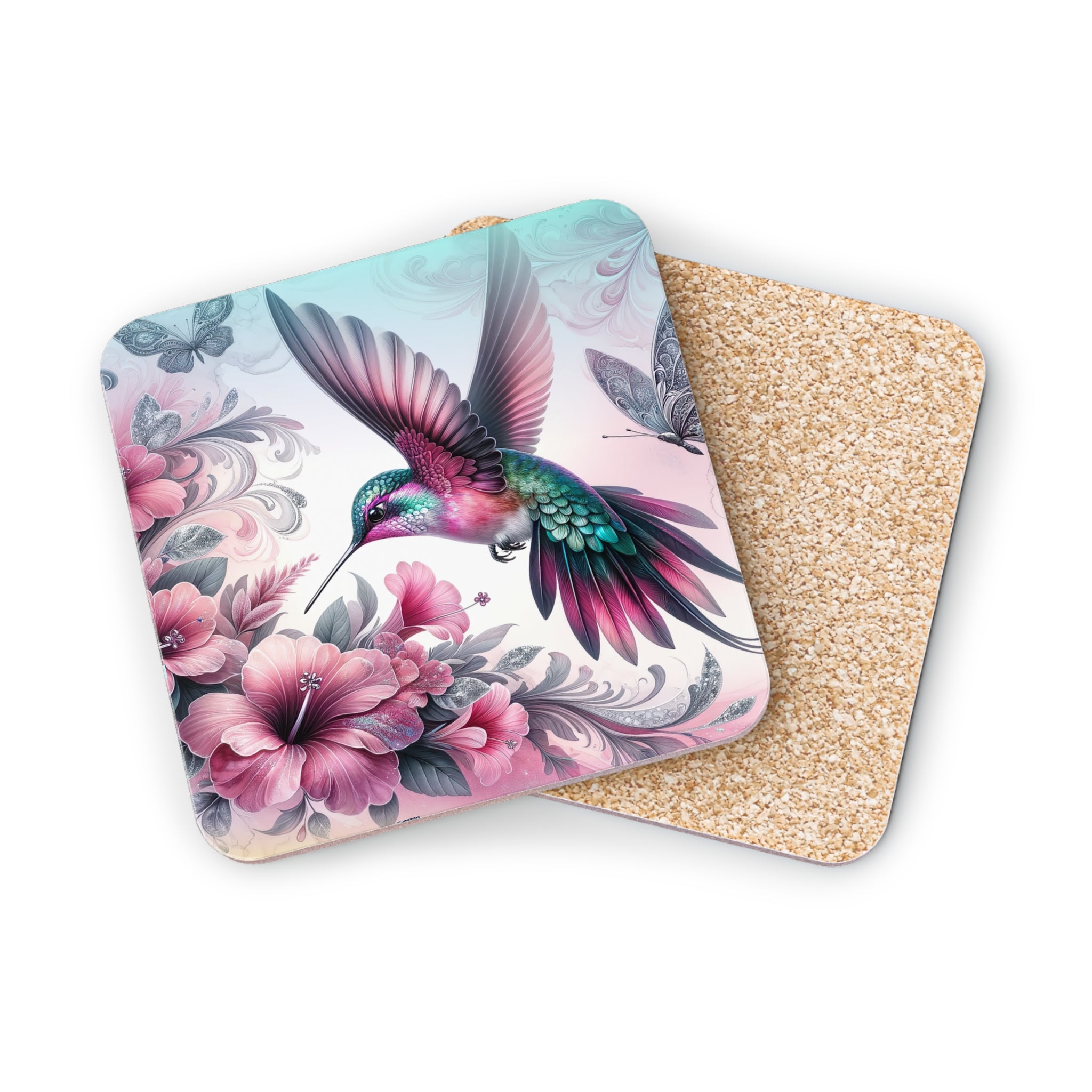 Hummingbird and pink flowers on a coaster, with cork backing.