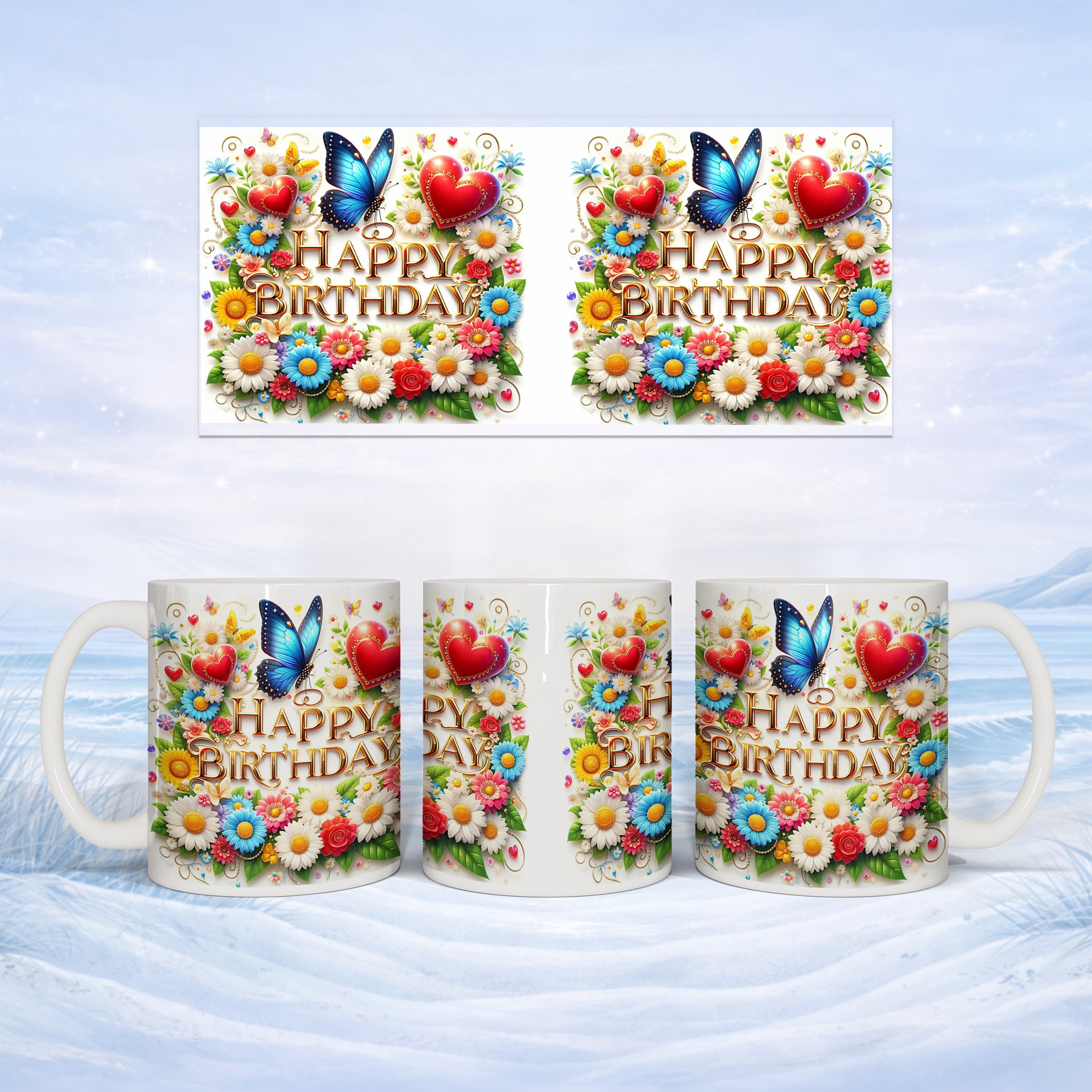 Floral Happy Birthday design with butterflies and hearts on a white mug.
