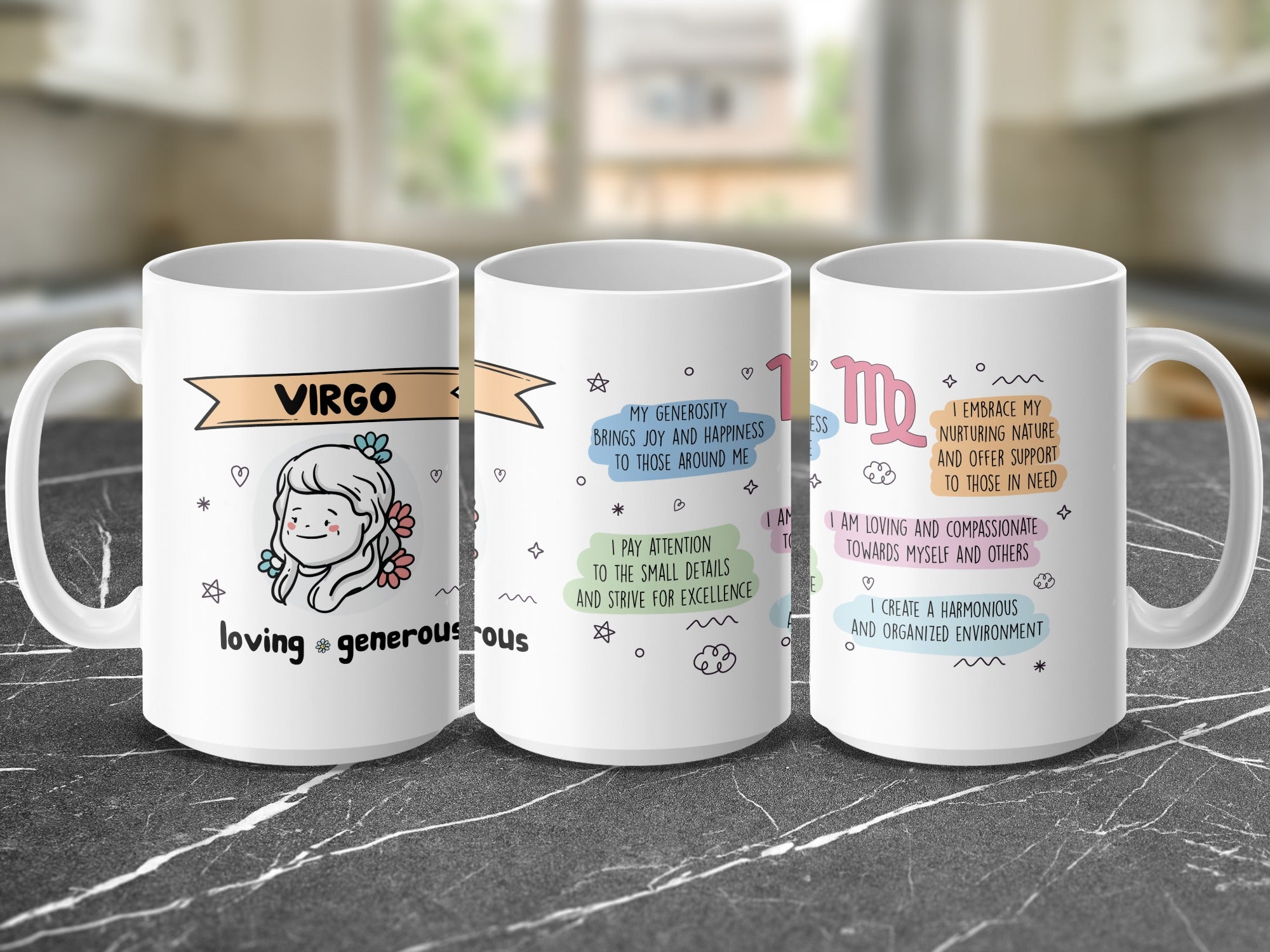 Virgo mug with horoscope traits and symbols.
