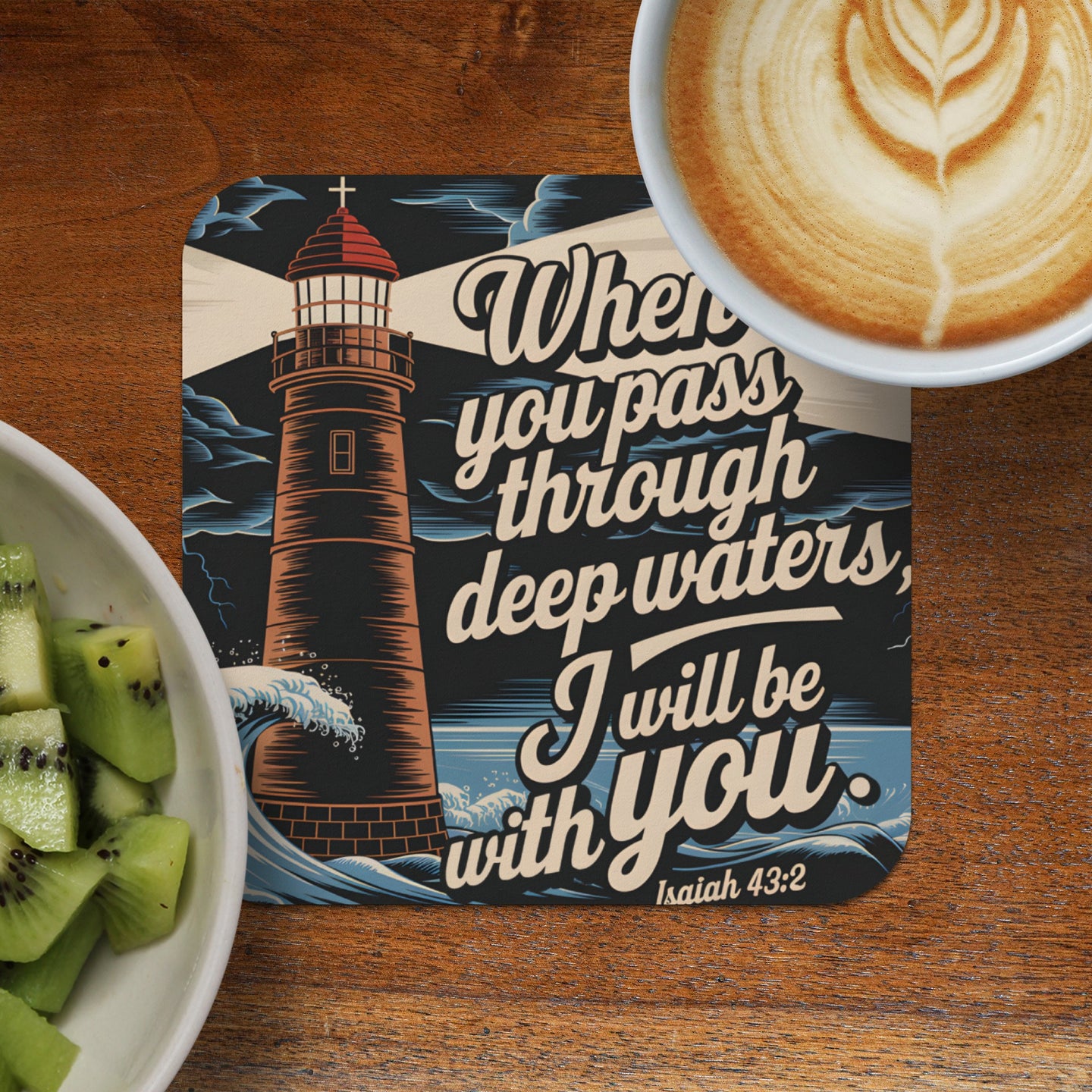 Lighthouse with text "When you pass through deep waters, I will be with you. Isaiah 43:2".