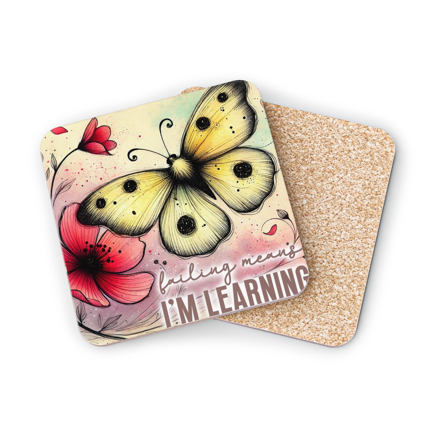 Yellow butterfly on floral design with text "failing means I'M LEARNING".
