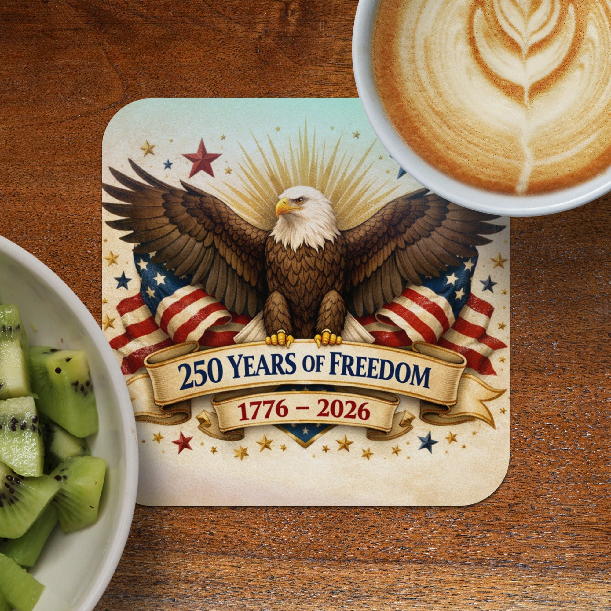 American bald eagle with patriotic ribbon, "250 Years of Freedom 1776-2026".