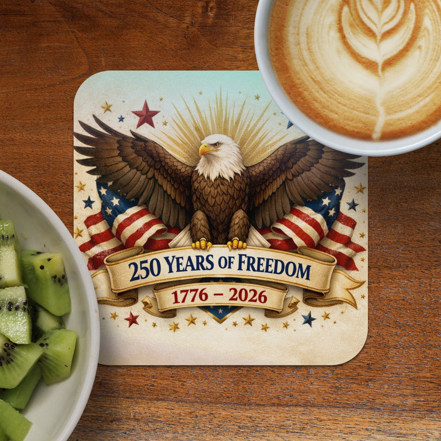American bald eagle with patriotic ribbon, "250 Years of Freedom 1776-2026".