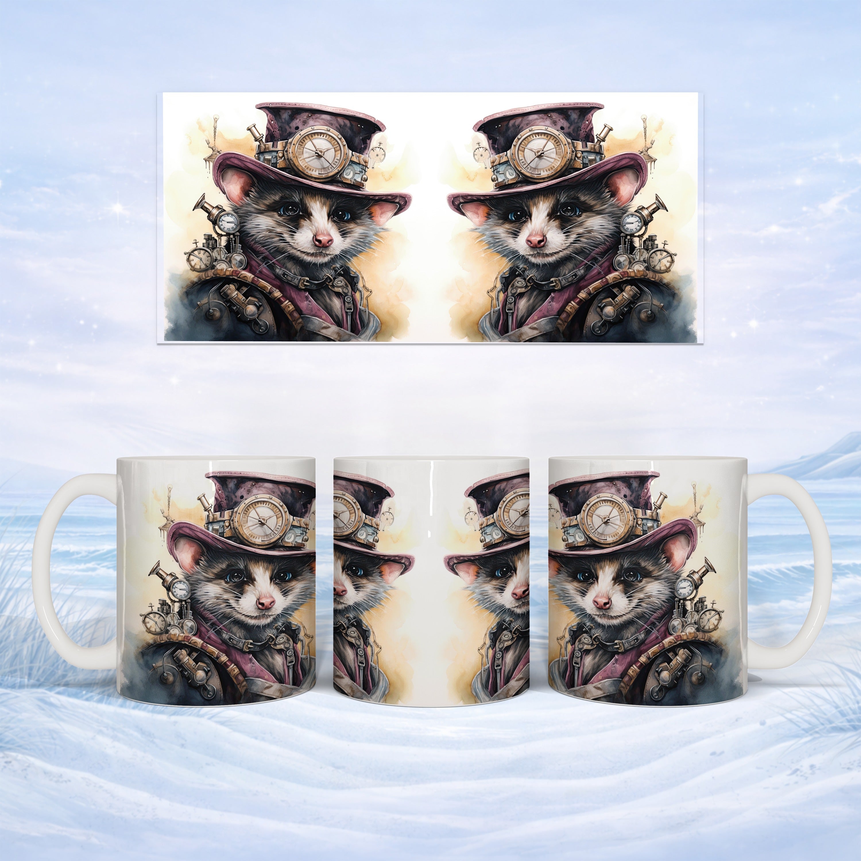 Steampunk cat wearing hat and goggles on a white mug.