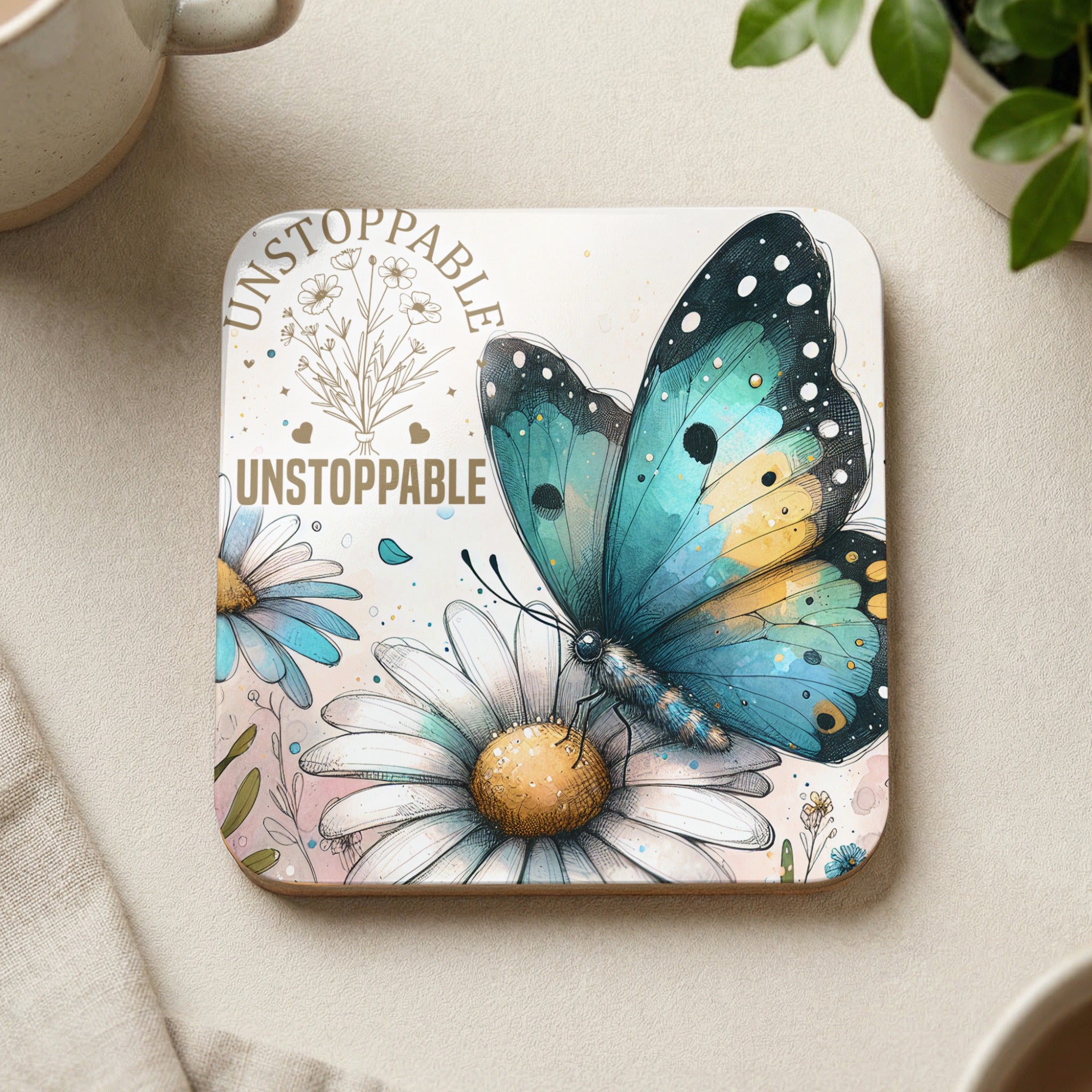 Square coaster with blue butterfly on a daisy, "UNSTOPPABLE" text.