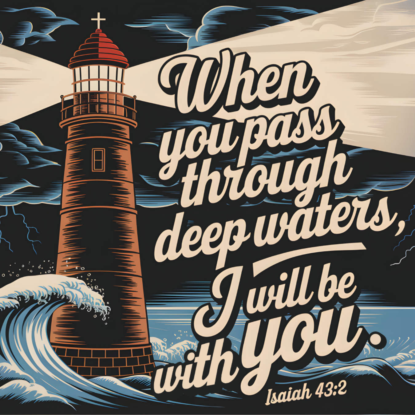 Lighthouse with "When you pass through deep waters, I will be with you. Isaiah 43:2" text.