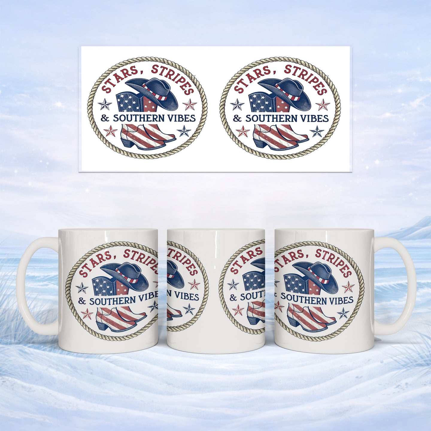 Mug with "Stars, Stripes & Southern Vibes" logo, featuring cowboy boots.