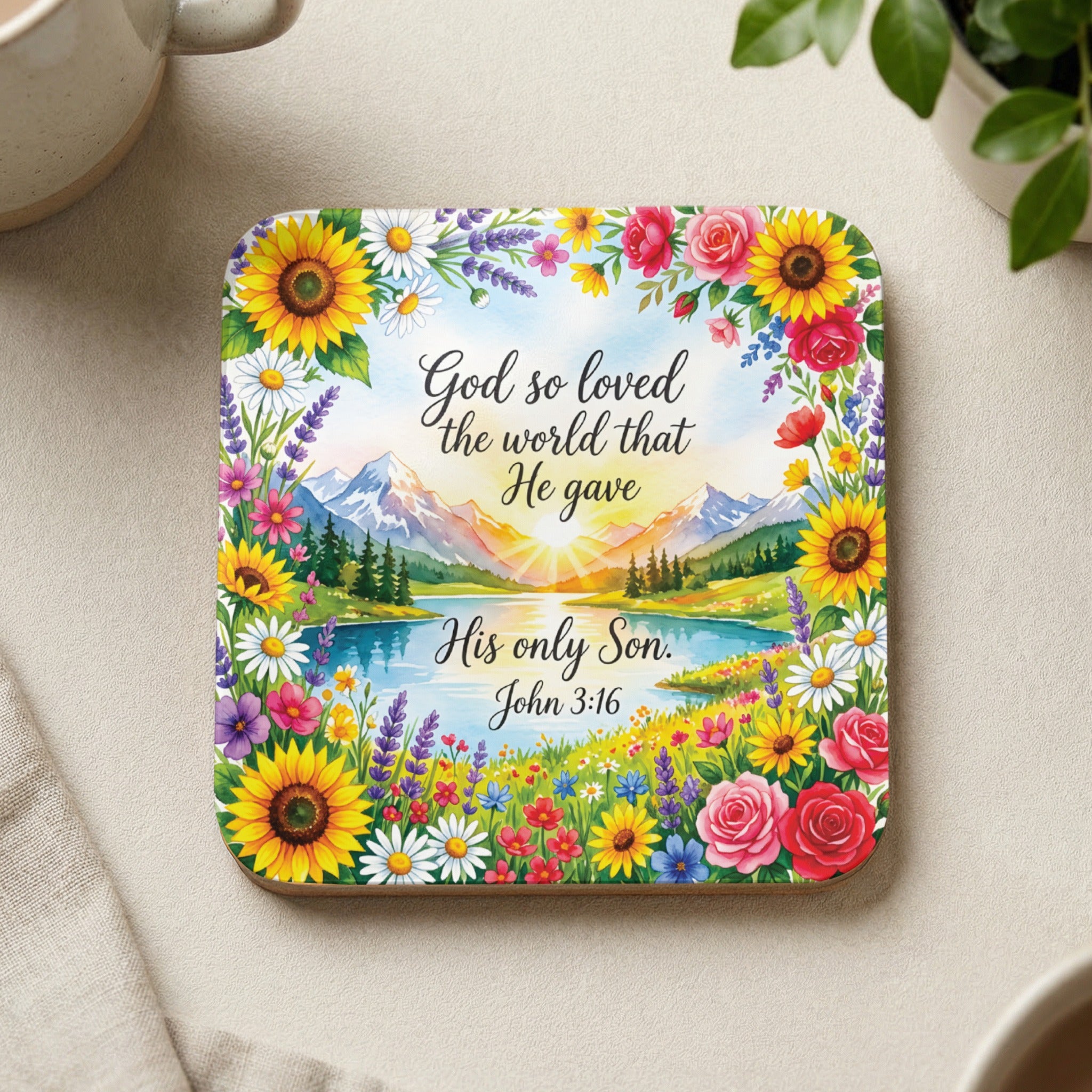 Floral framed coaster with quote "God so loved the world that He gave His only Son. John 3:16"