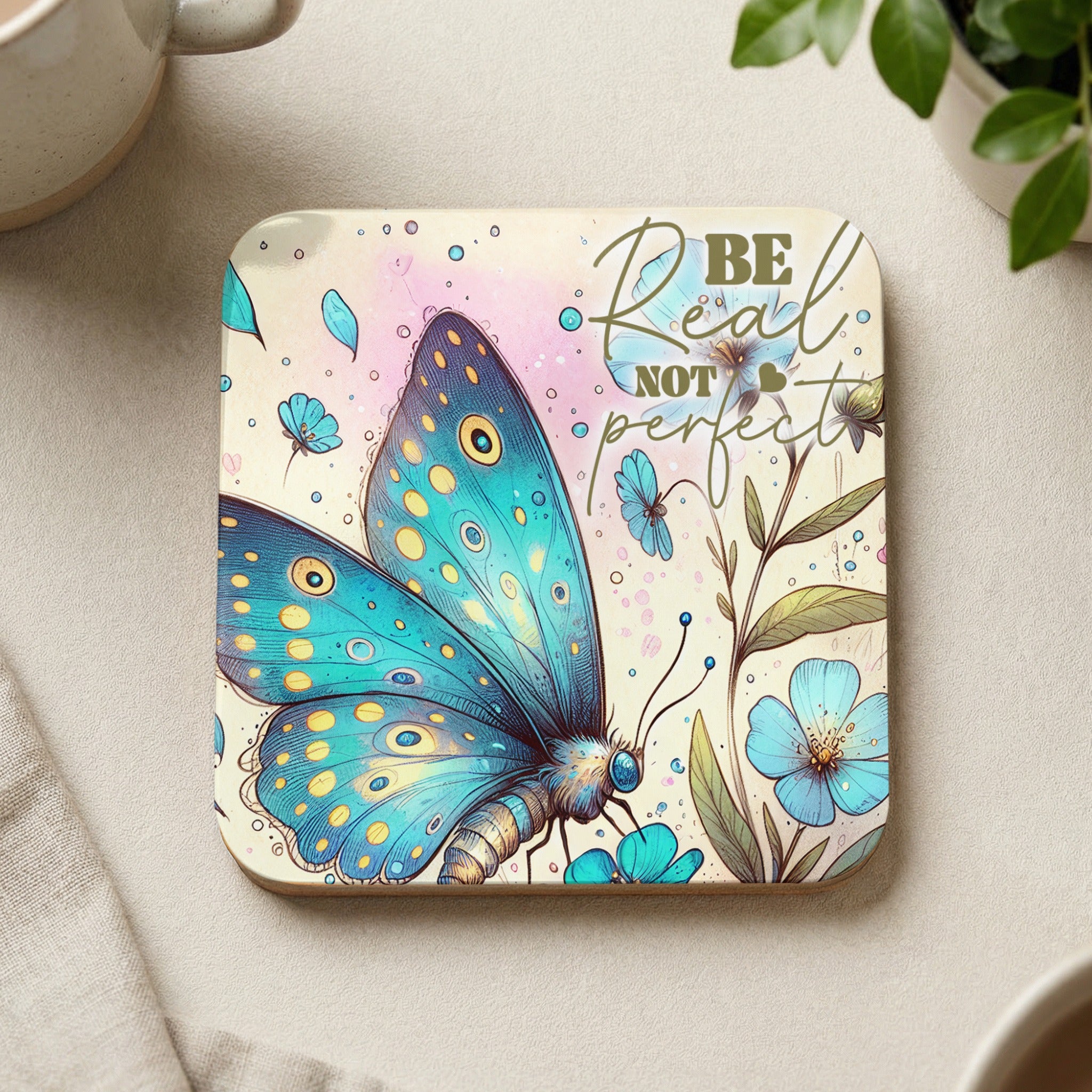 Blue butterfly with "Be not perfect" text on a square coaster.